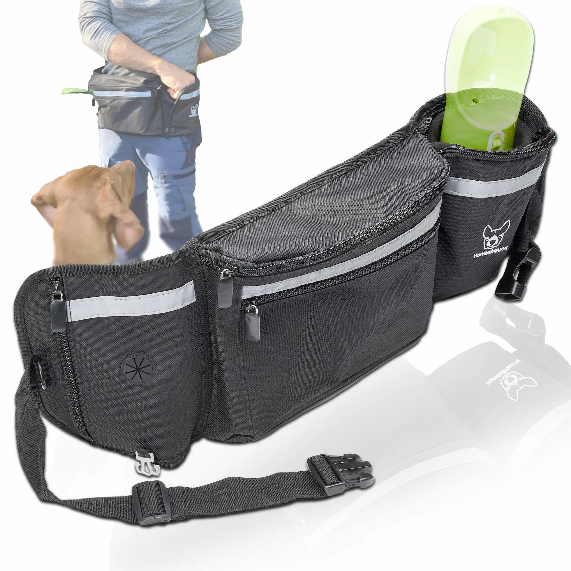 Hundefreund Borsa PortaSnack per Cani XXL - Tasca Ultra-Grande Riflettente con Cintura - Sacchetto di 58 cm per Passeggiate e Addestramento Canino
