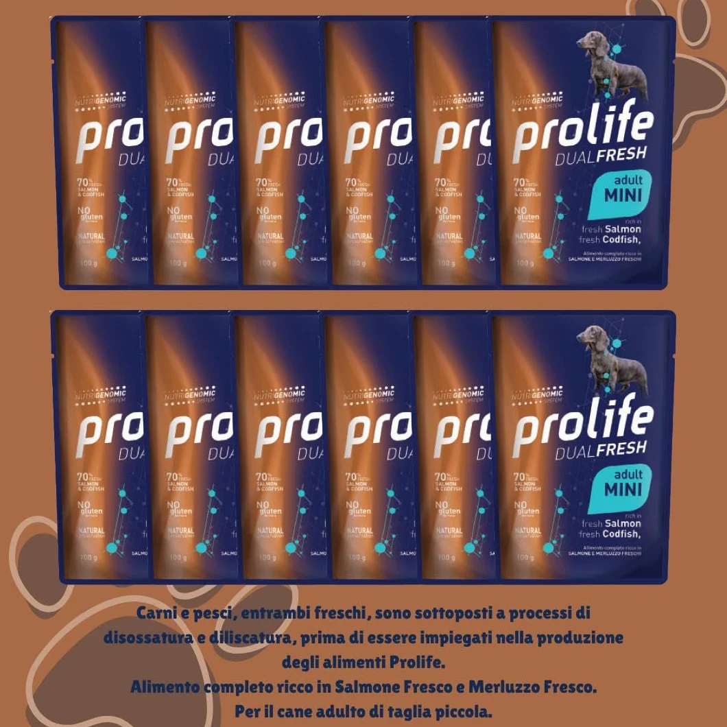 Prolife Umido Cane Dualfresh Adult Salmone e Merluzzo, alimento completo per cani adulti di tutte le taglie,gusto Salmone e Merluzzo | 12 bustine da 100 grammi l’una.