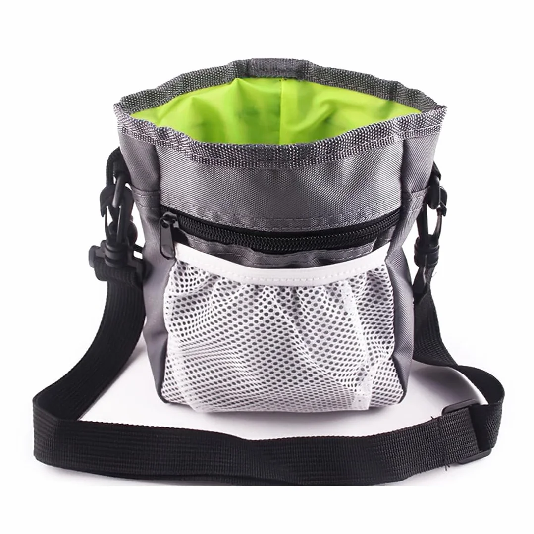 Borsa Premietti Multifunzione per Cane, Borsa in Nylon Oxford con 3 Modi d'Uso (Anca, Cintura, a Tracolla), Facile da Pulire, Grigio, 18x14x6cm, con Tasca per Sacchetti della Cacca