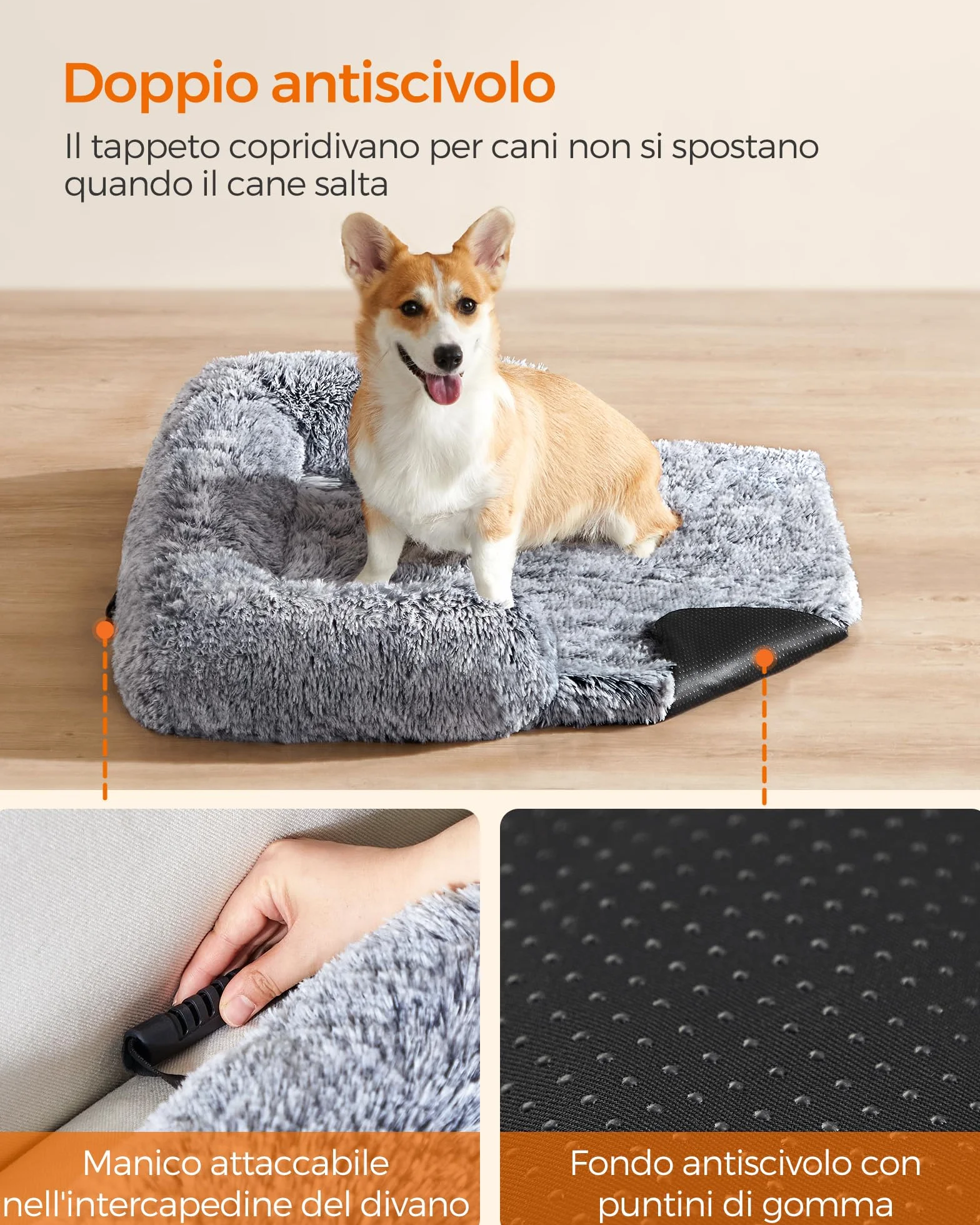 Feandrea FluffyHug Cuccia Divano per Cani di Peluche, Tappeto Copridivano per Animali, Taglia L, per Cani di Media Taglia, 95 x 85 x 16 cm, Grigio Ombré PGW222G01