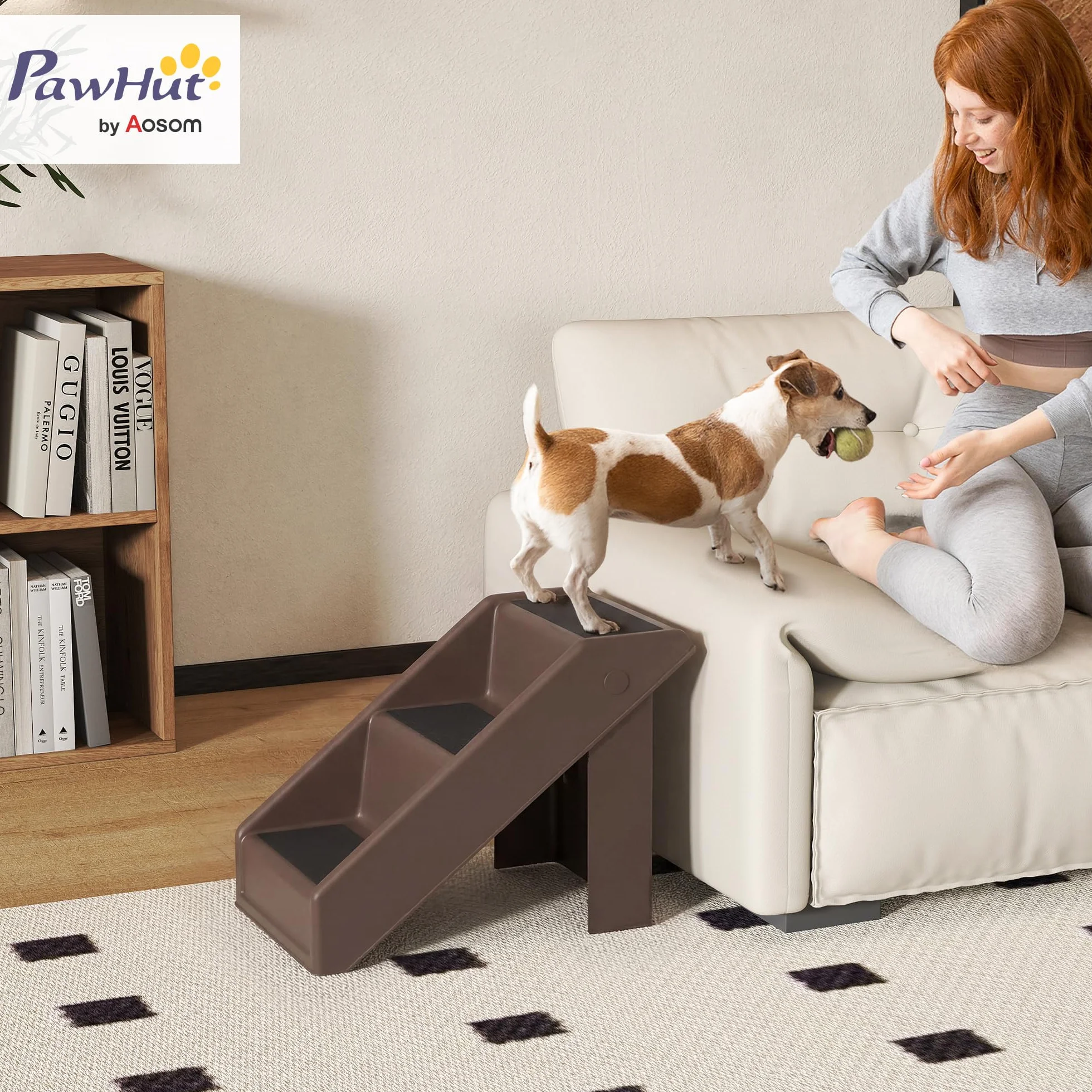 PawHut Scaletta per Cani e Gatti Pieghevole 3 Scalini Antiscivolo 10 kg 53x30.5x36.5 cm Marrone