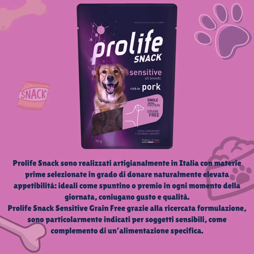 Prolife Snack Cane Adult Sensitive gusto MAIALE, snack per cani adulti di tutte le taglie senza conservanti e senza cereali, grainfree, monoproteico | 3 bustine da 90 grammi l’una.