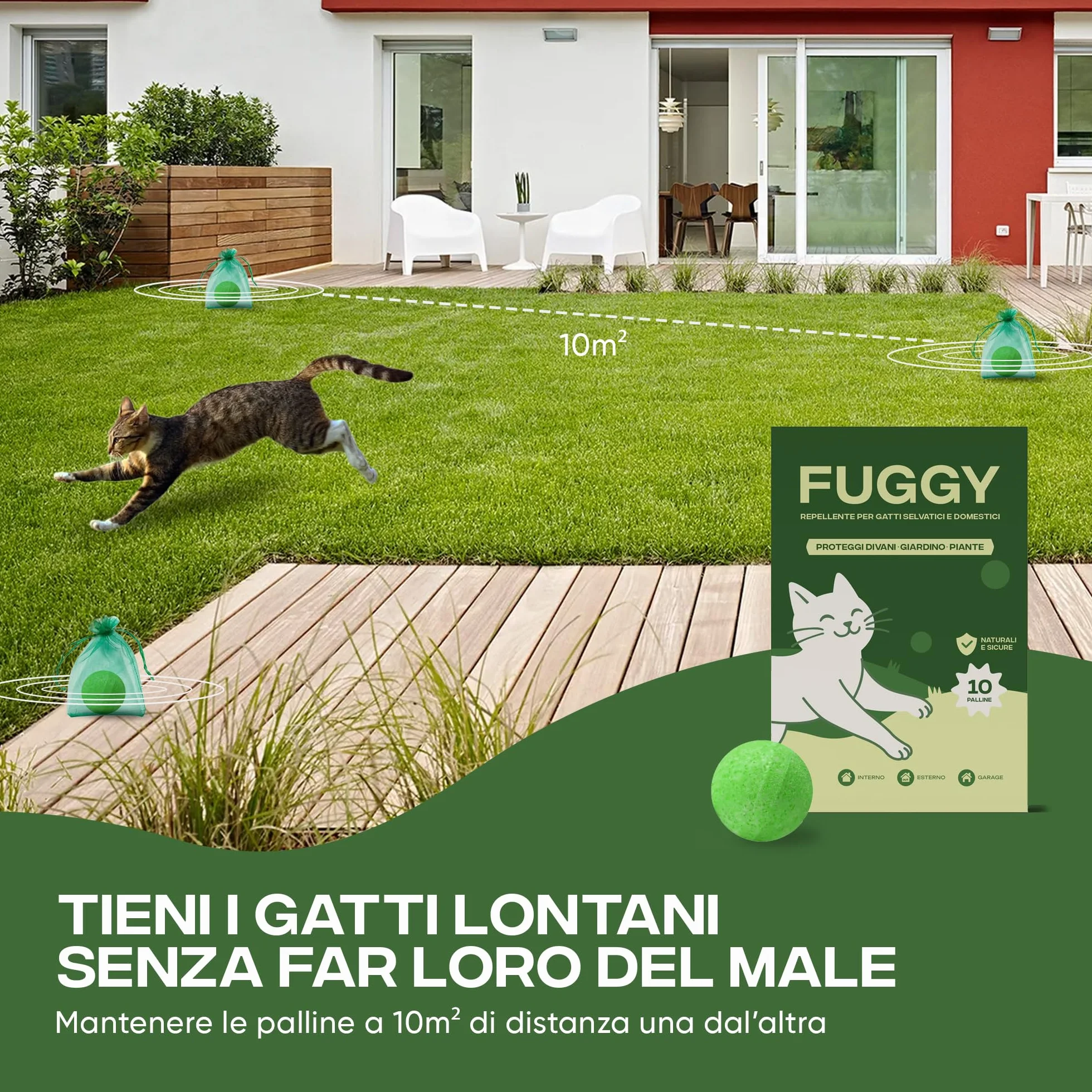 FUGGY - Repellente per Gatti Divano Naturale – Dissuasore e Disabituante Gatti per Interno ed Esterno – 12 Palline + 5 Buste – Anti Gatto Divano e Giardino