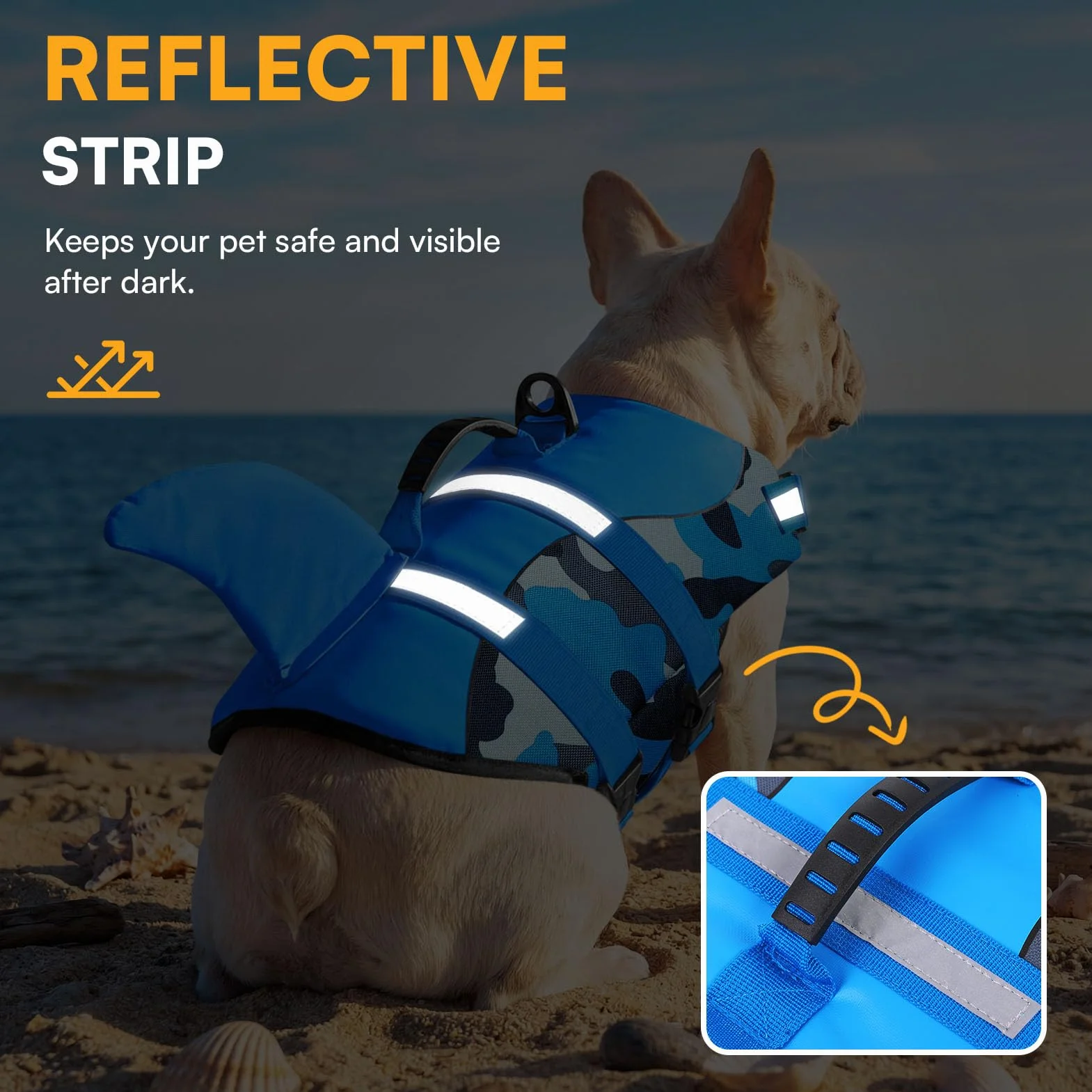 Queenmore Giubbotto di salvataggio per cani in ripstop con squalo, regolabile, elevata galleggiabilità, manico di salvataggio, per cani piccola media grande, blu mimetico