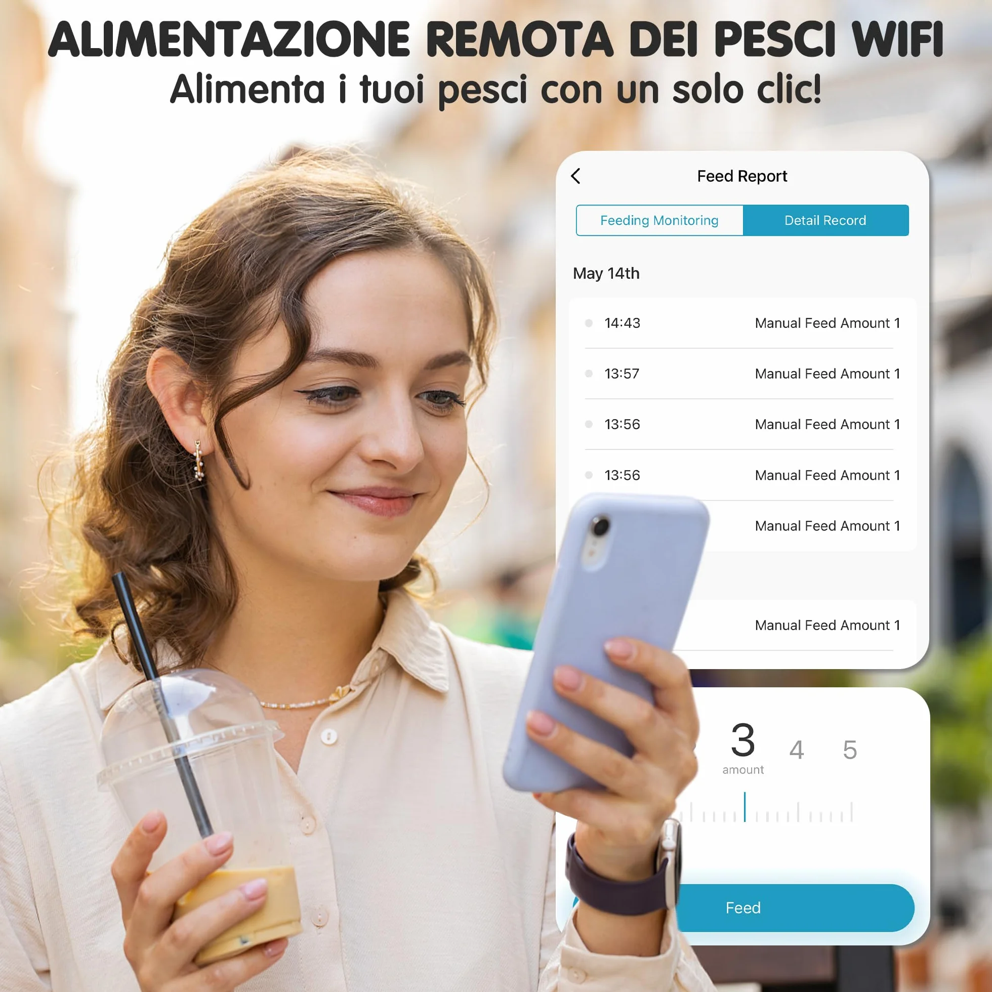 Ycozy WiFi Mangiatoia Automatica Acquario con Telecomando App, Alimentato a Spina Distributore Automatico Cibo Pesci con spina UE e cavo USB-C Distributore Cibo Pesci Display LCD | Navi-BTS