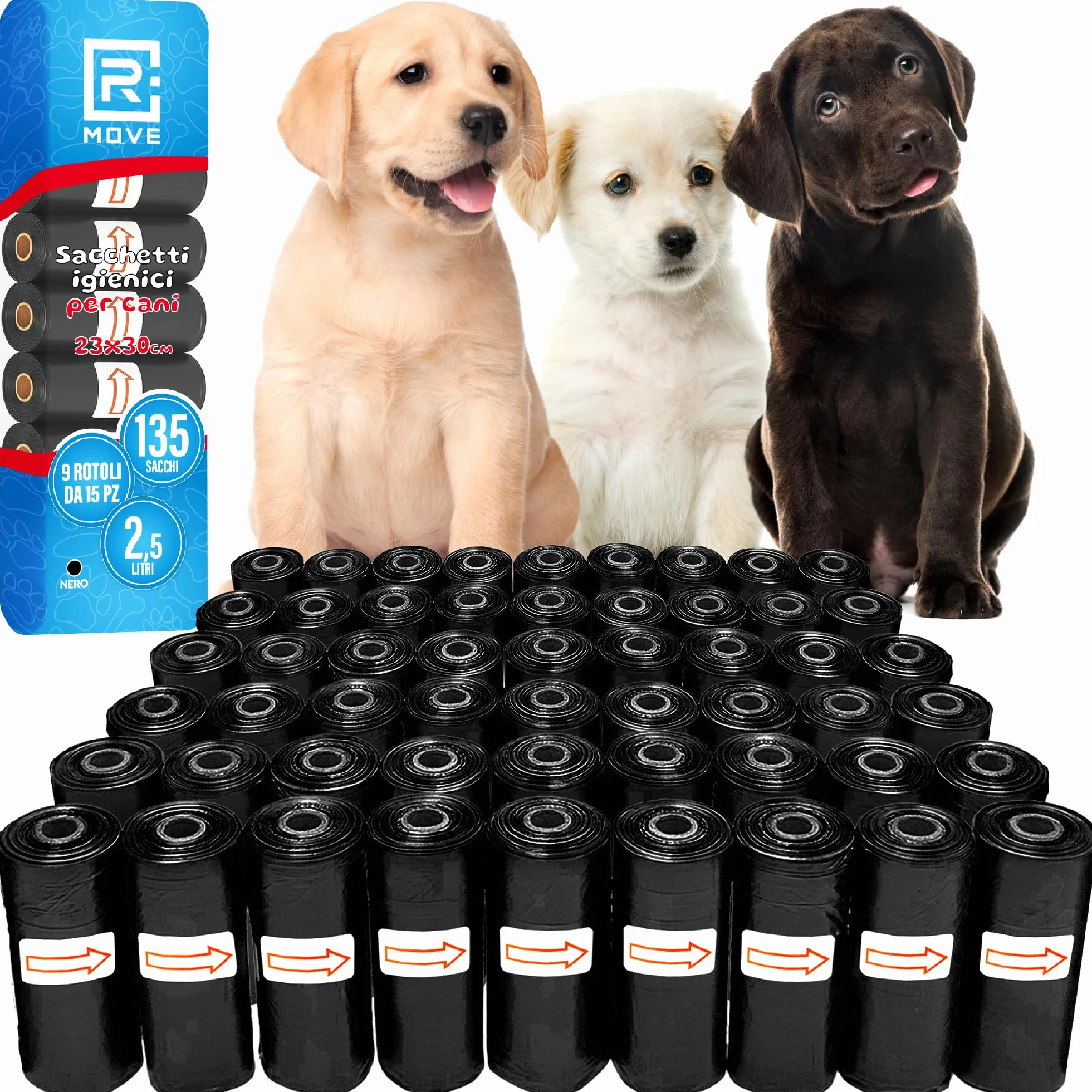 R MOVE Sacchetti Cane Cacca 810 pz (54 Rotoli) - Sacchettini Igienici per Cani, bustine per cani, dog poop bags resistenti antiforatura, 30x23 cm 2,5 Litri compatibili con tutti i porta rotoli