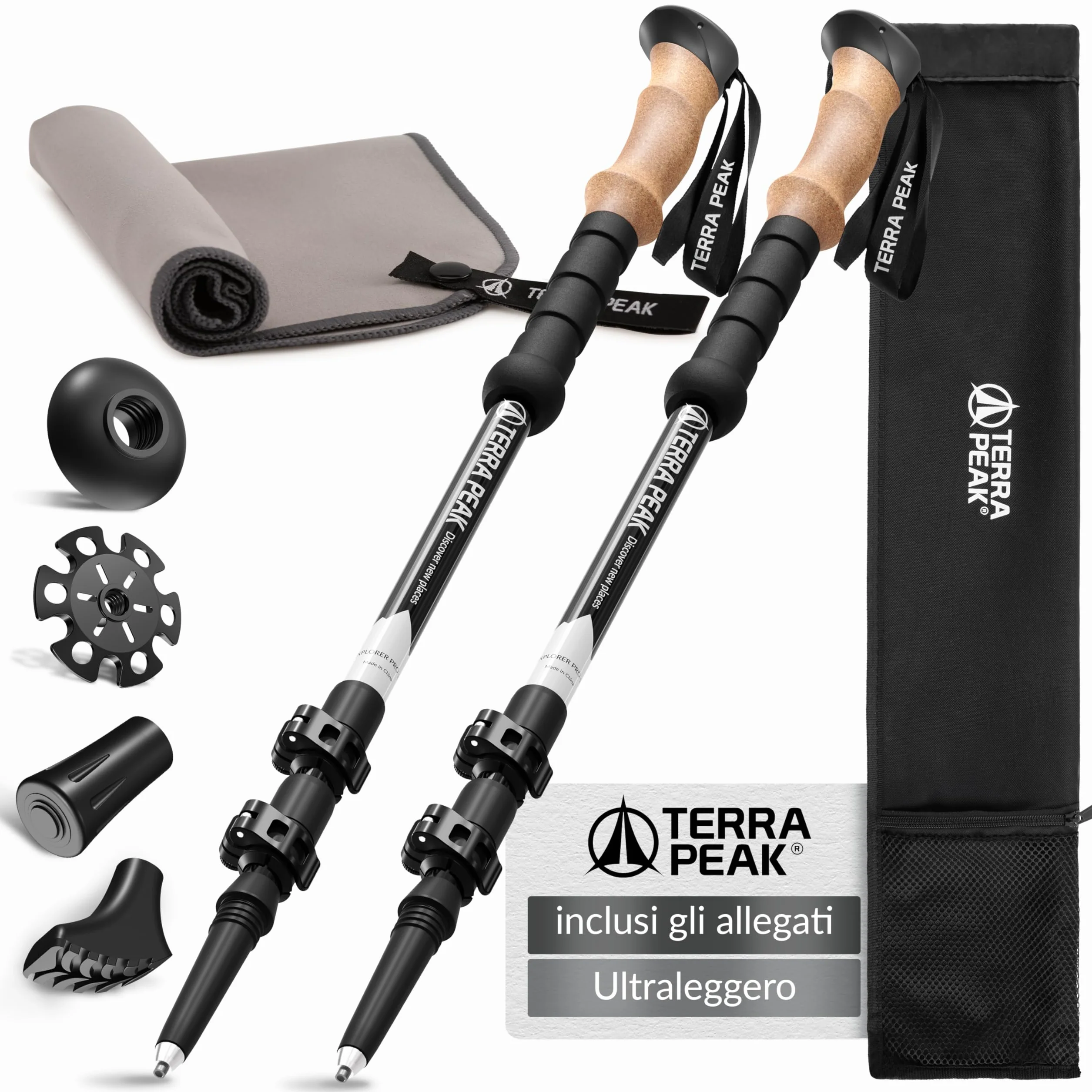 Terra Peak® Bastoncini da trekking telescopici in alluminio o carbonio (estensibili, regolabili e leggeri) - Bastoni trekking (incl. asciugamano) per nordic walking, trail running e escursionismo