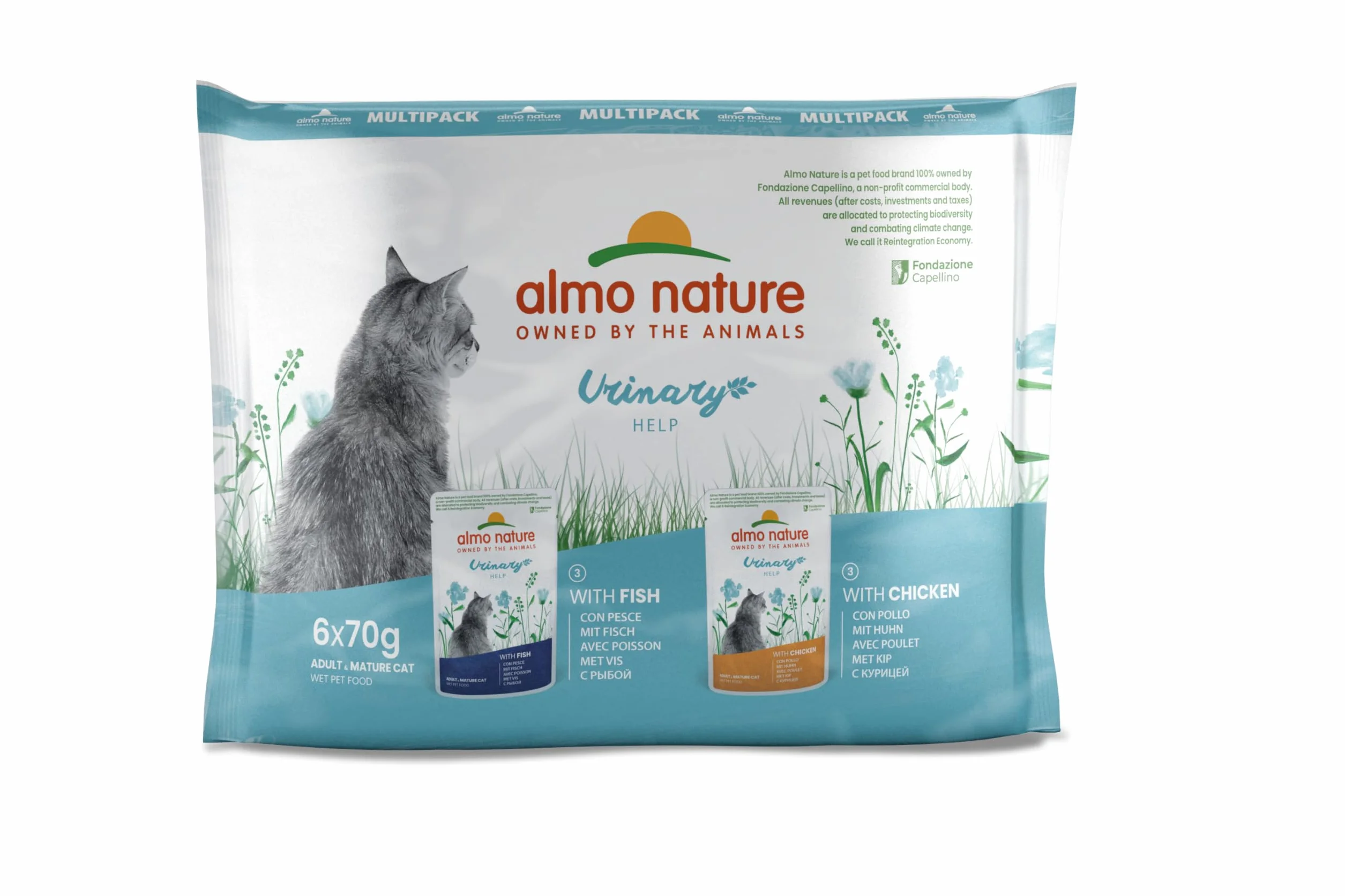 Almo Nature Functional Urinary Help - Cibo Umido per Gatti Adulti Gusto Pesce e Pollo - Supporto per il Benessere delle Vie Urinarie - 6 Buste da 70g