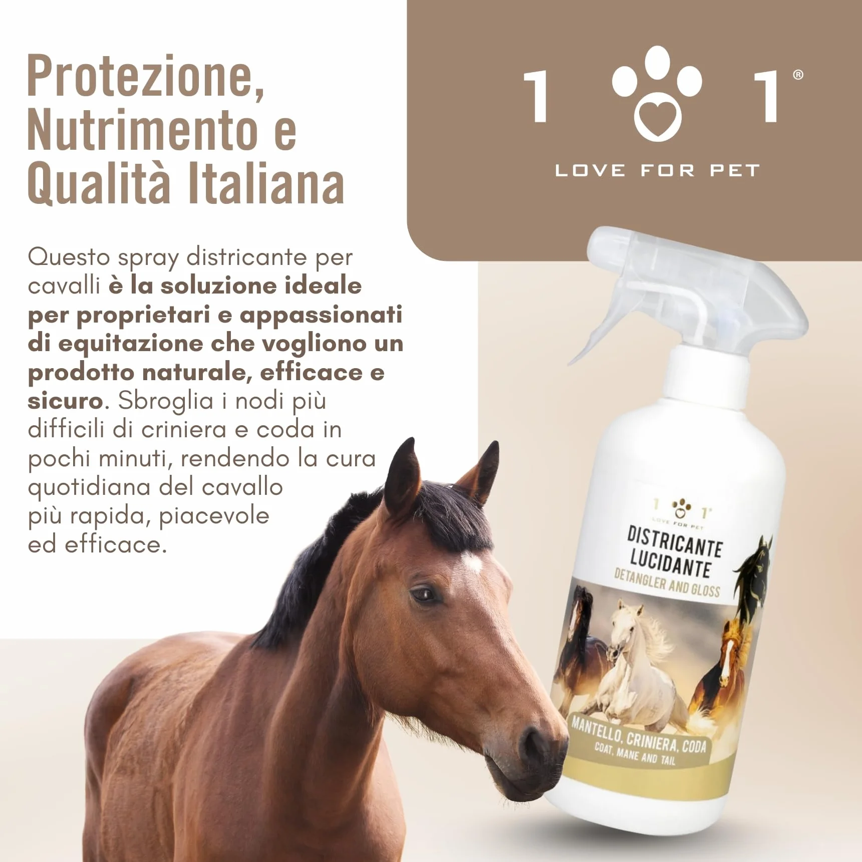Districante Cavalli Spray Naturale 750 ml Lucidante e Detergente Vegetale per Manto, Criniera e Coda Districante per Cavalli Non Unge, Effetto Shine, Cruelty Free