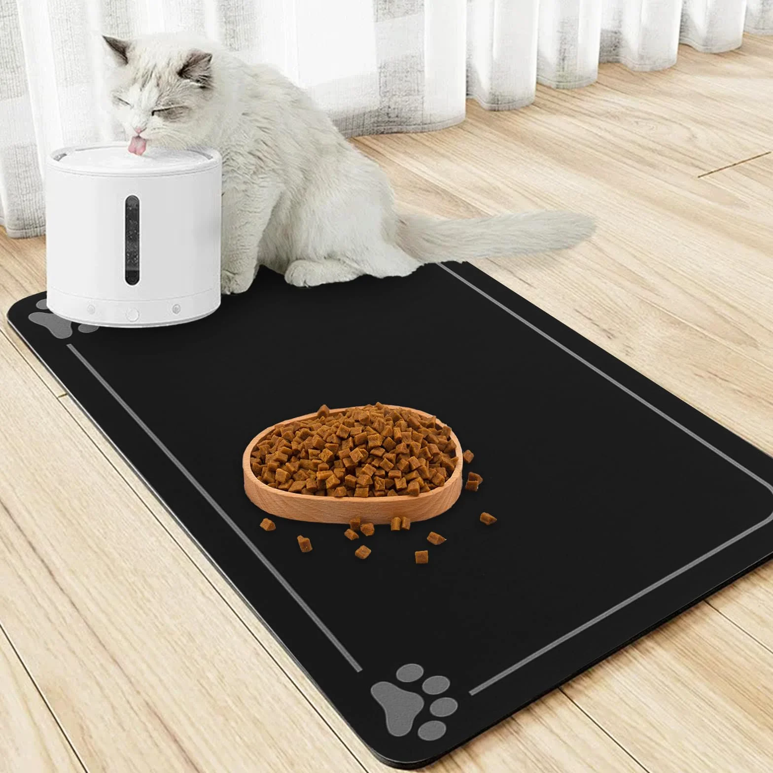 Tappetino per ciotola, tappetino per ciotola per cane e gatto, tappetino antiscivolo, assorbente, ad asciugatura rapida e facile da pulire (nero,40x60cm)