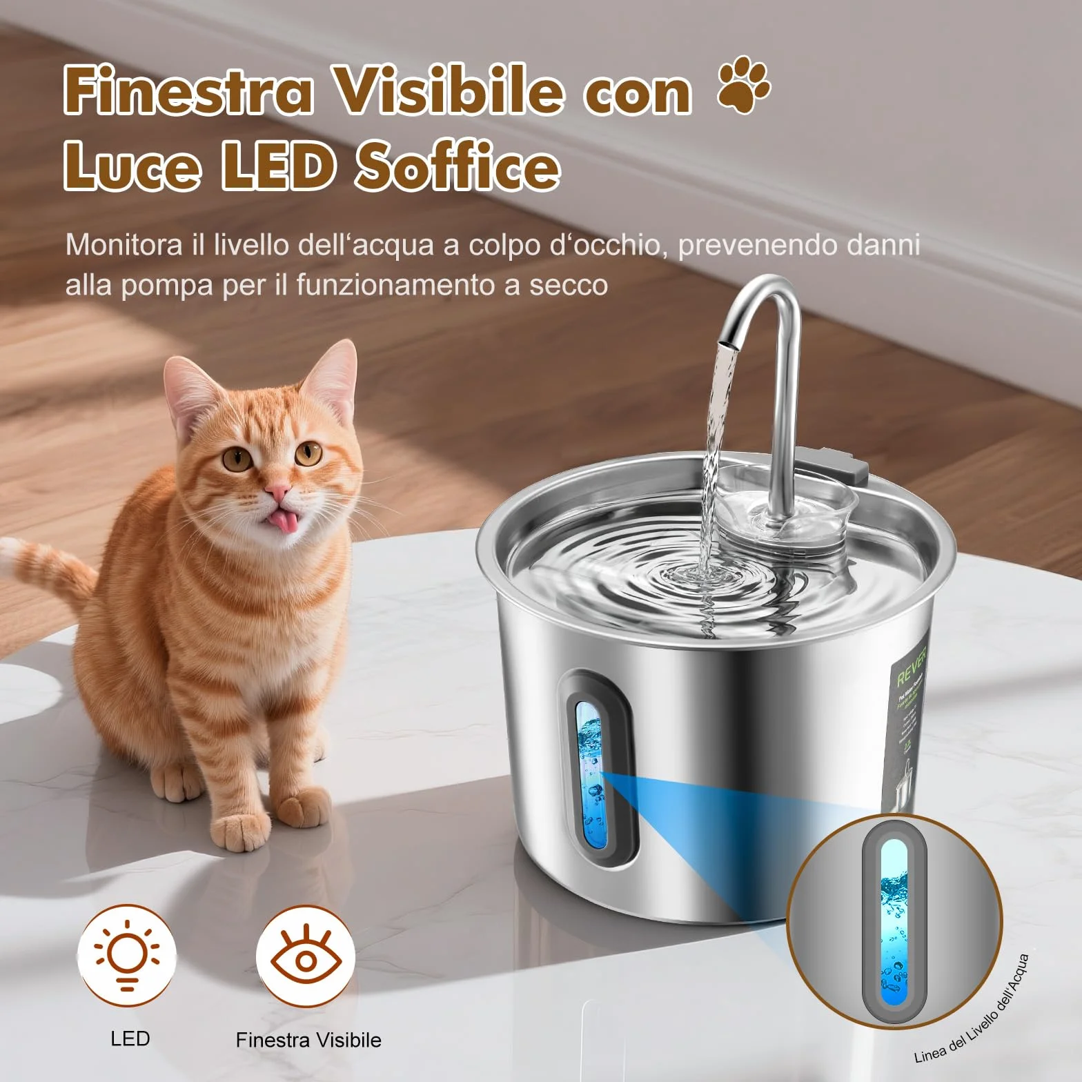 Fontanella per Gatti in Acciaio, Inox 2,2 L – Fontana Automatica con Finestra Panoramica, Pompa Ultra Silenziosa, Sistema Multi-Filtrazione + 1 Filtro e 1 Spugna – per Gatti, Cani, Piccoli Animali