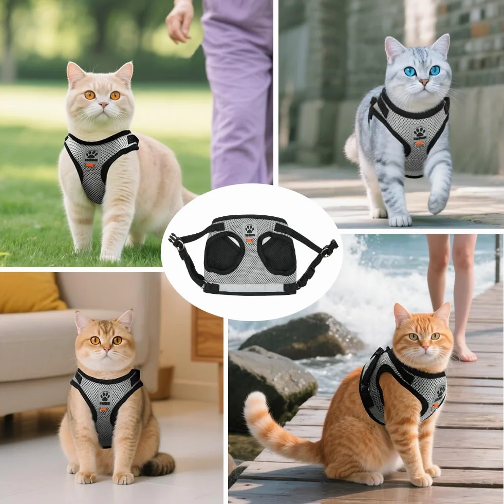AUYAO Pettorina per Gatti– Set Antifuga Regolabile e Traspirante per Gatti Piccoli/Medi, Design Riflettente per Passeggiate Notturne, Comfortevole e Sicuro (Grigio-Nero, S)