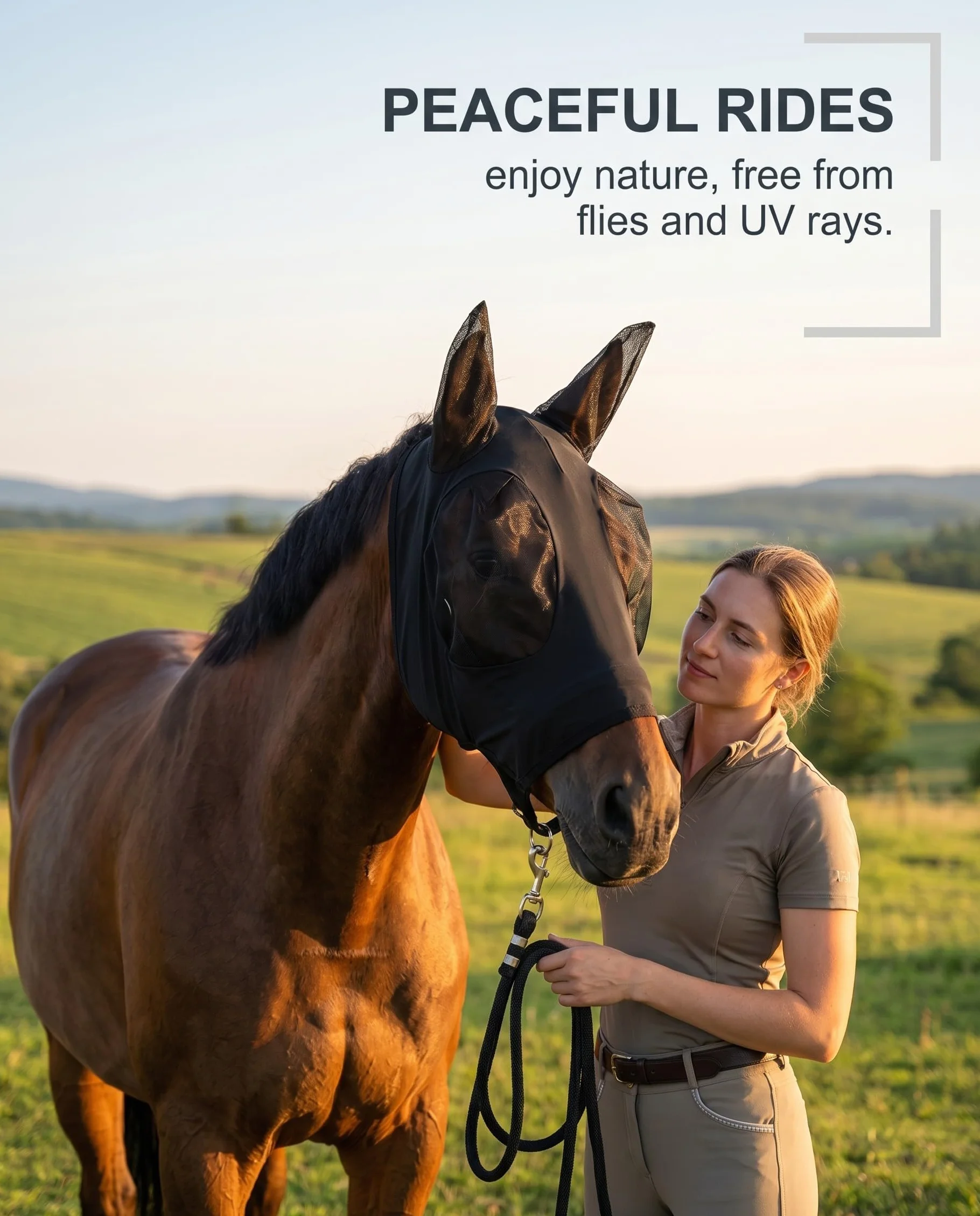 1pz Maschera Cavallo Nera, Protezione Mosche e UV Traspirante, Anti-Insetti, con design ergonomico per comfort e benessere equino