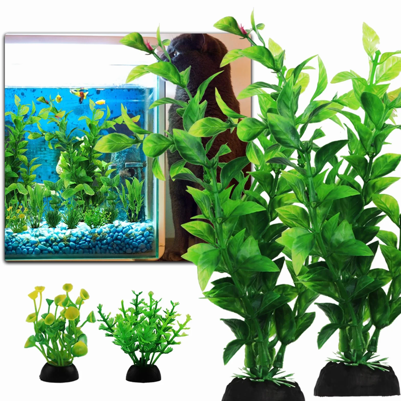 QUOZUO Decorazioni per Acquario, 10 verdi Piante Artificiali Acquario Ornamenti kit, Pianta decorazione in plastica, Accessori per Acquario