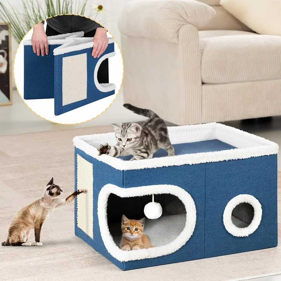 BAKAJI Cuccia per Gatti con Tiragraffi in Poliestere Imbottito 58x42x33cm Blu