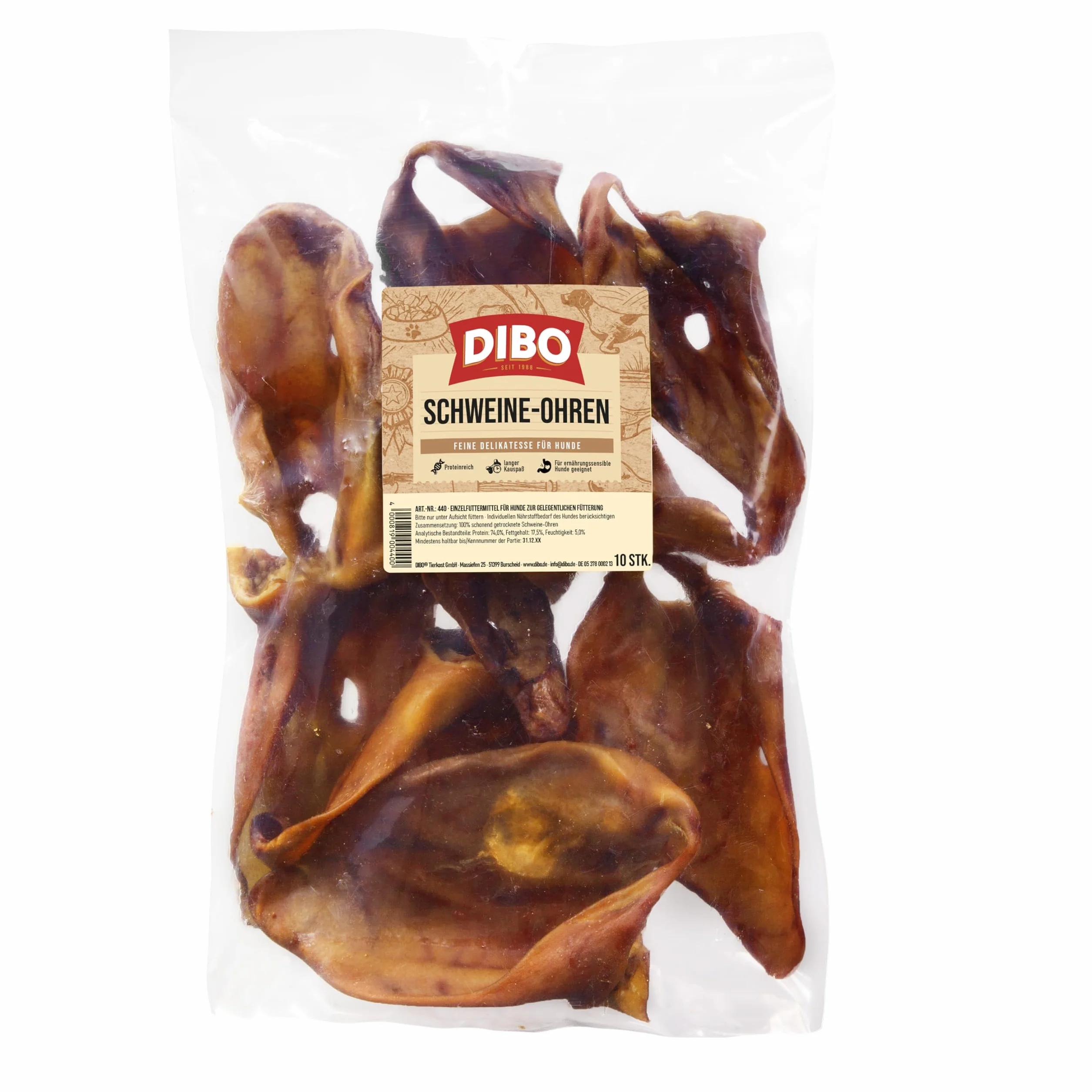 DIBO Orecchie di maiale, 10 pezzi in sacchetto, piccolo snack o dolcetti per alimenti per cani, articoli da masticare di qualità senza prodotti chimici