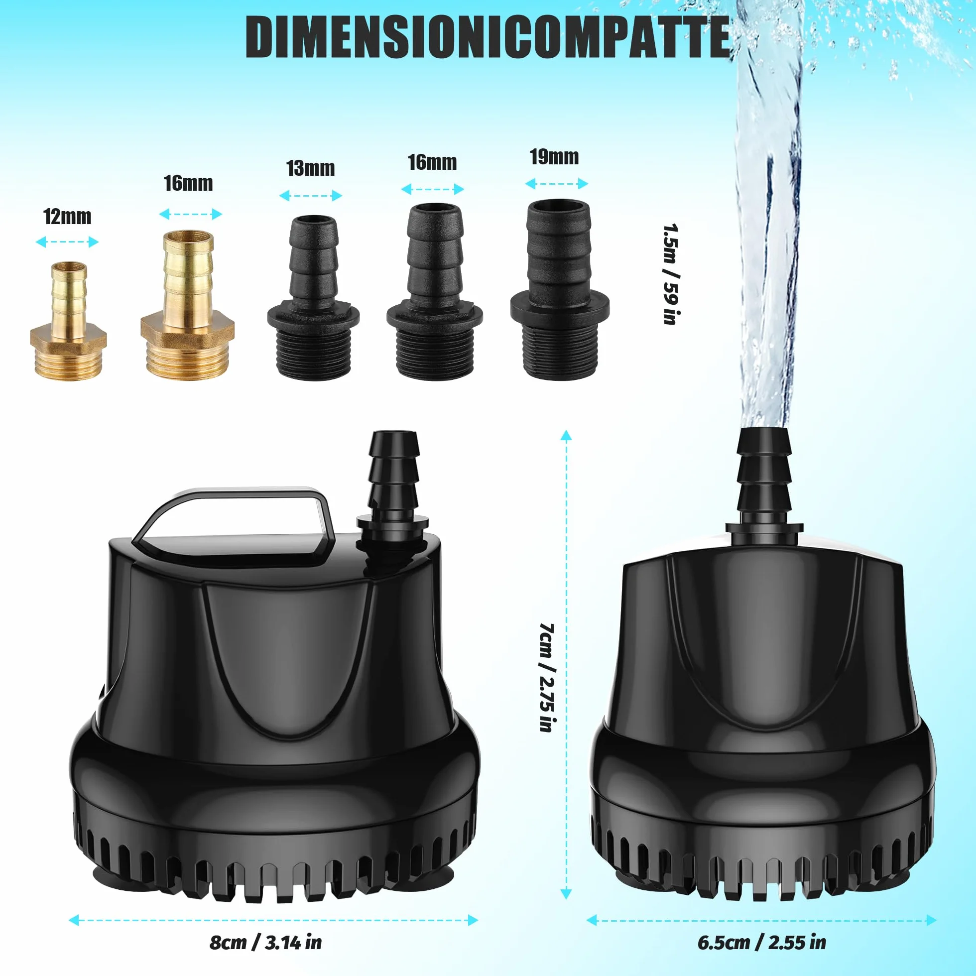 Pompa ad Acqua Sommergibile 25W 1500L/H AC220-240V con 5 Ugelli 1.5M Tubo