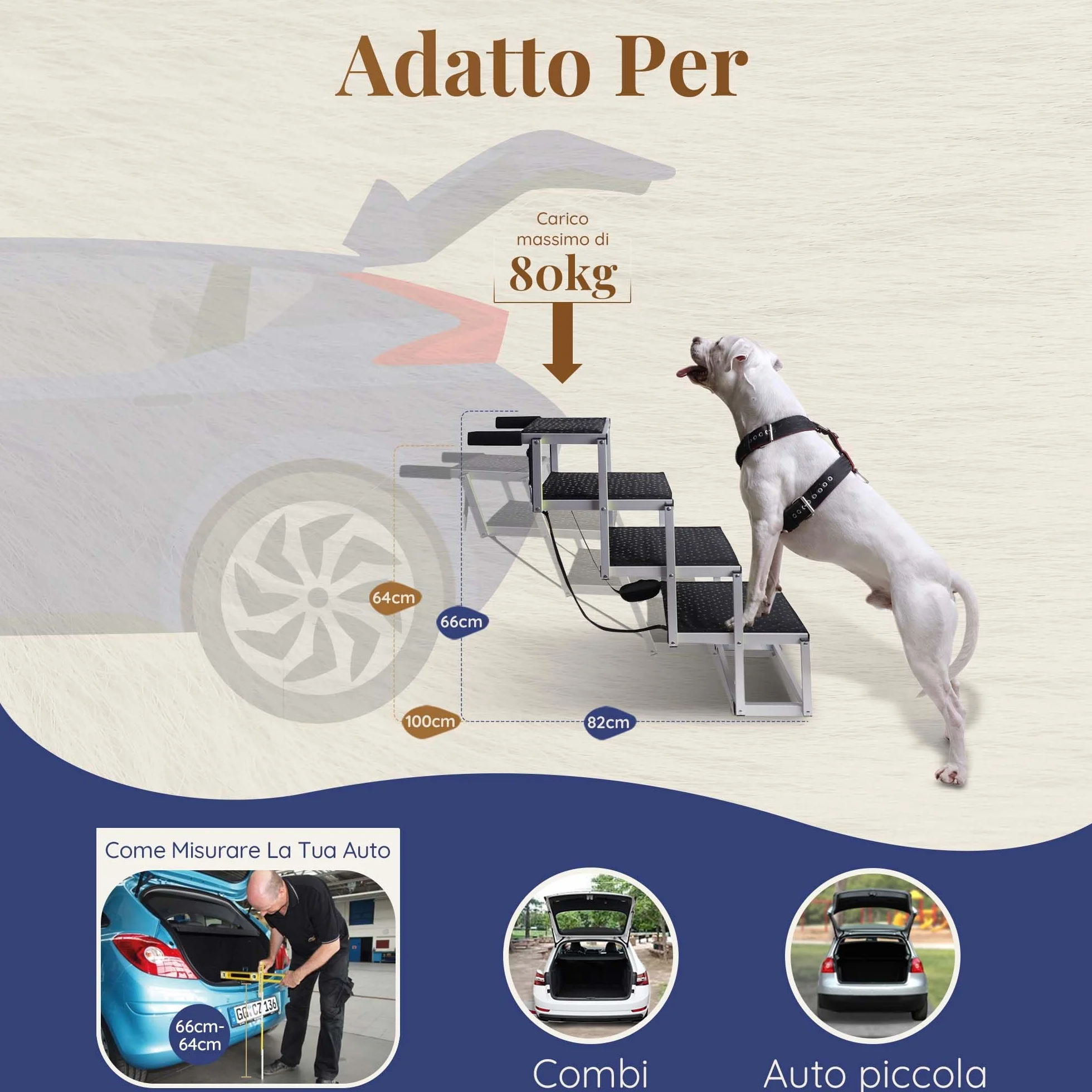 PRIORPET Rampa per Cani Pieghevole 4 Gradini Antiscivolo Riflettente 77 kg