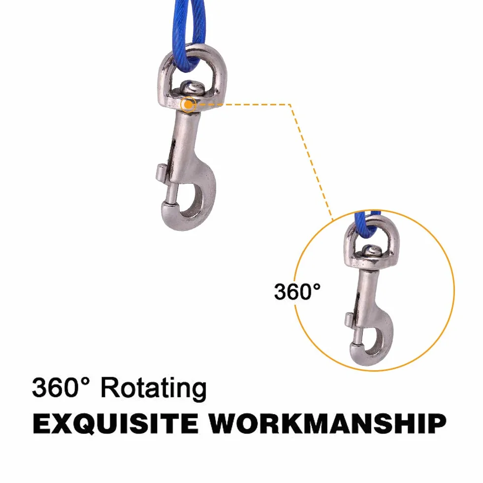 Dog Chain Extendable for Pets Long Steel Wire Dog Rope with Double Clips, Chew Resistant Tie Out for Picnic, Camping, Outdoor Use Secure Animal Safety with Durable Cord (Blue)