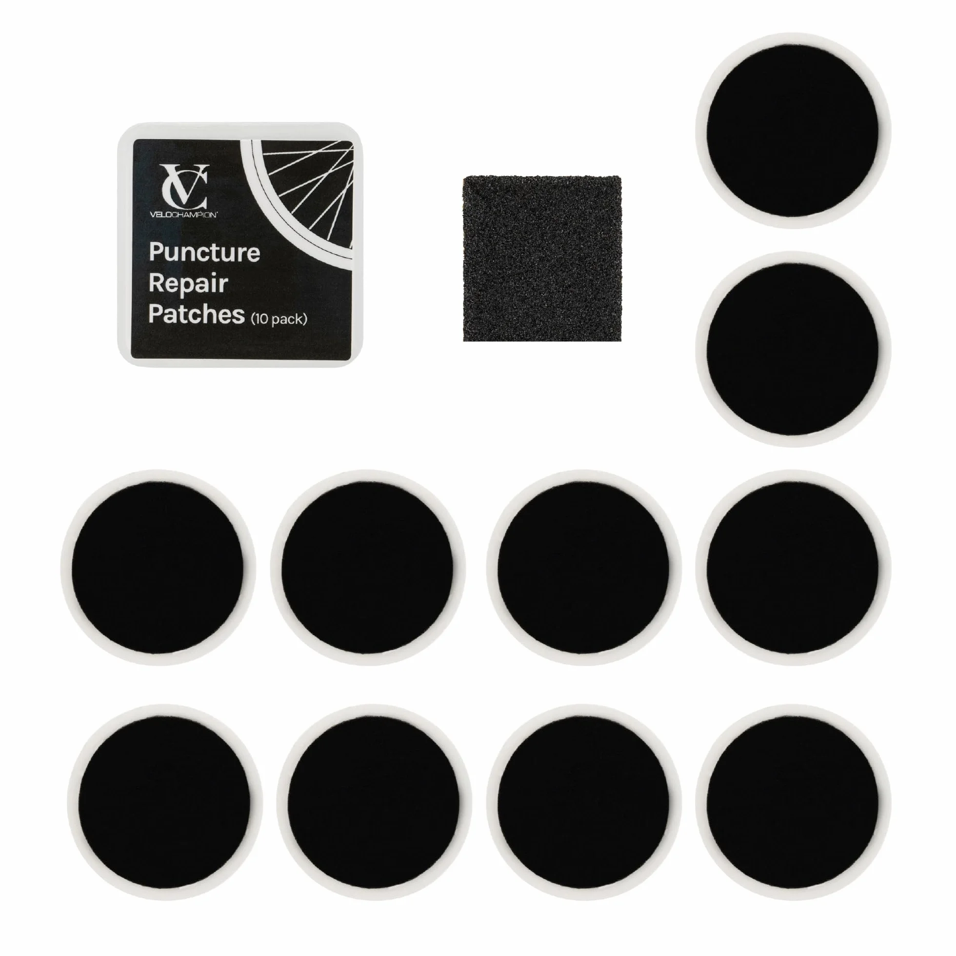 VeloChampion Kit Riparazione Forature per Bicicletta con Toppe Autoadesive e Leve Smontacopertoni a Scelta. Kit Antiforatura per Bici da Strada, MTB ed e-Bike.
