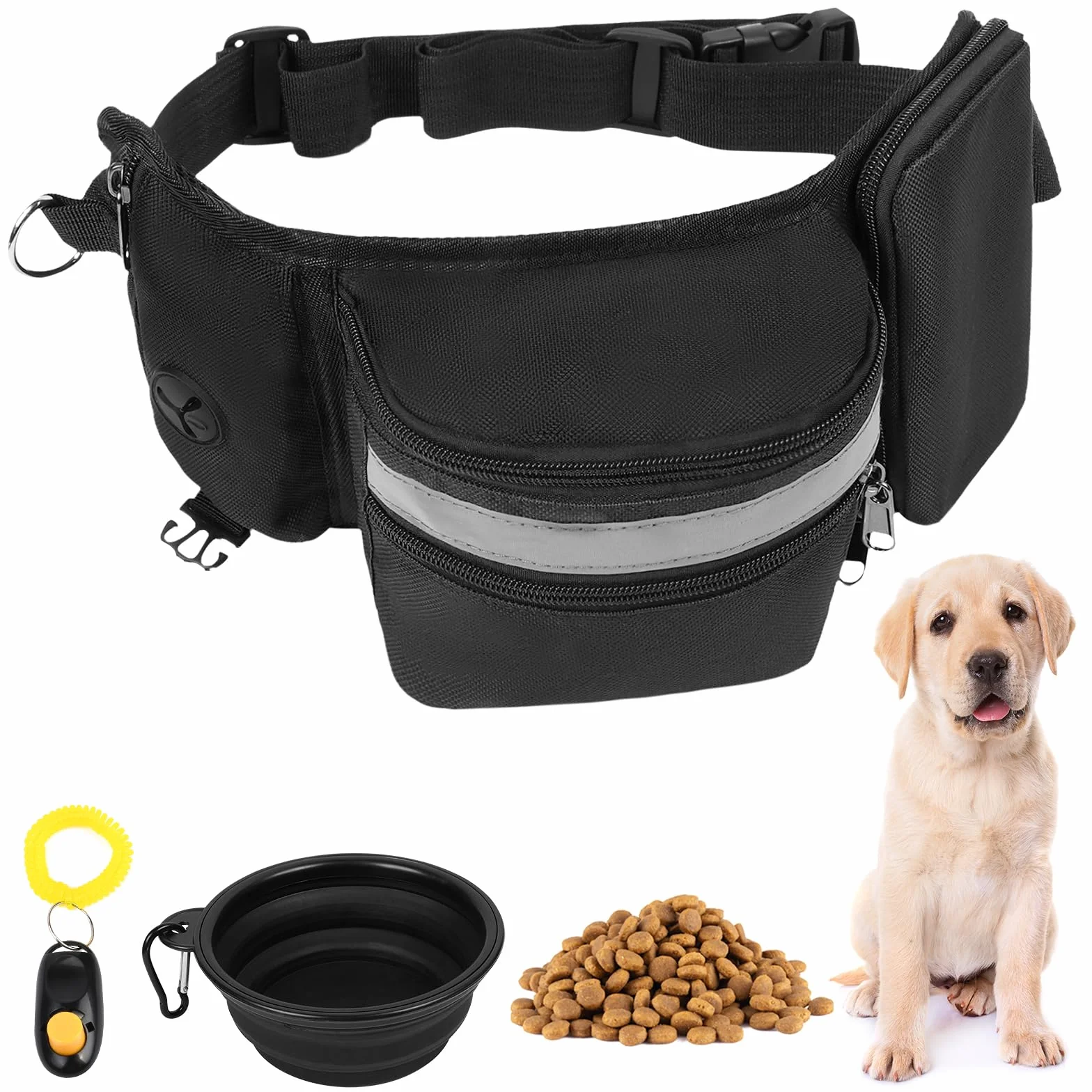 Aomig Borsa per cani 3 in 1: ciotola pieghevole, clicker e marsupio regolabile per passeggiate e allenamento a mani libere