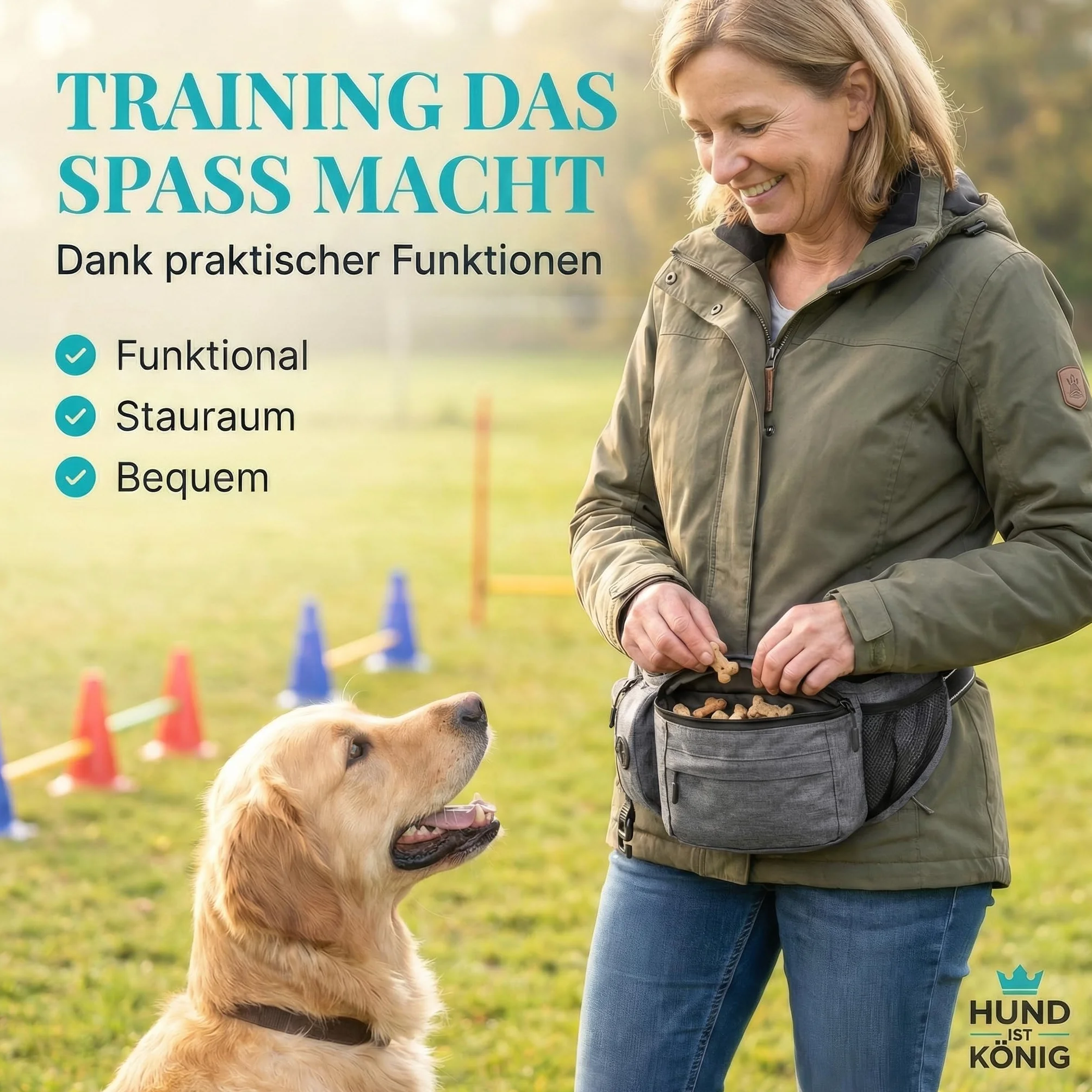 HUND IST KÖNIG Borsa per cani e accessori per cani – Robusto marsupio per cani – Borsa per cibo per cani con dispenser per sacchetti, scomparto per cellulare e tracolla per cavi flessibili