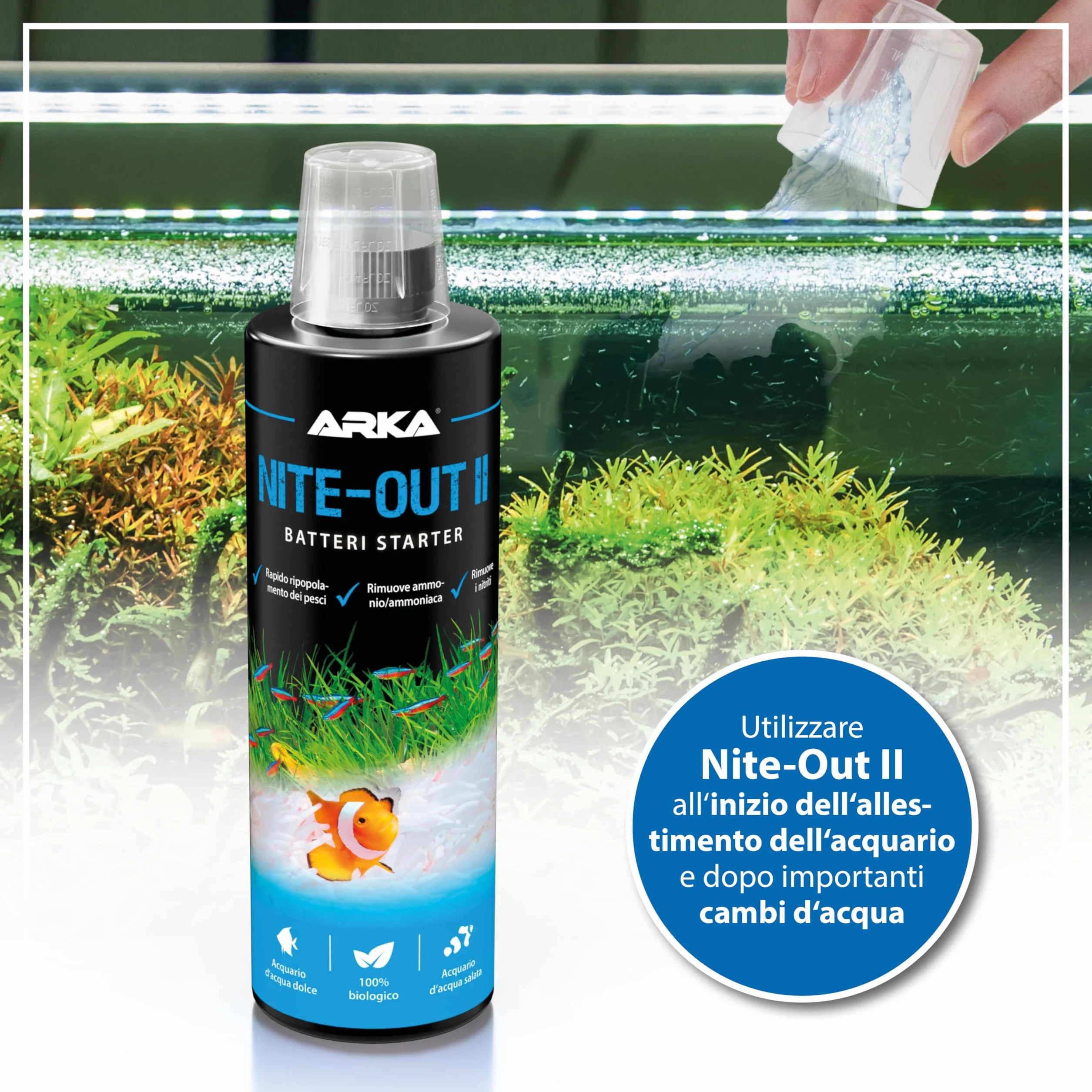 Batteri avviamento acquario – MICROBE-LIFT Nite-Out II 473 ml – per nuovi allestimenti, cambi d’acqua e inserimento pesci – riduce ammonio e nitriti – attivo subito, biologico e sicuro – ARKA