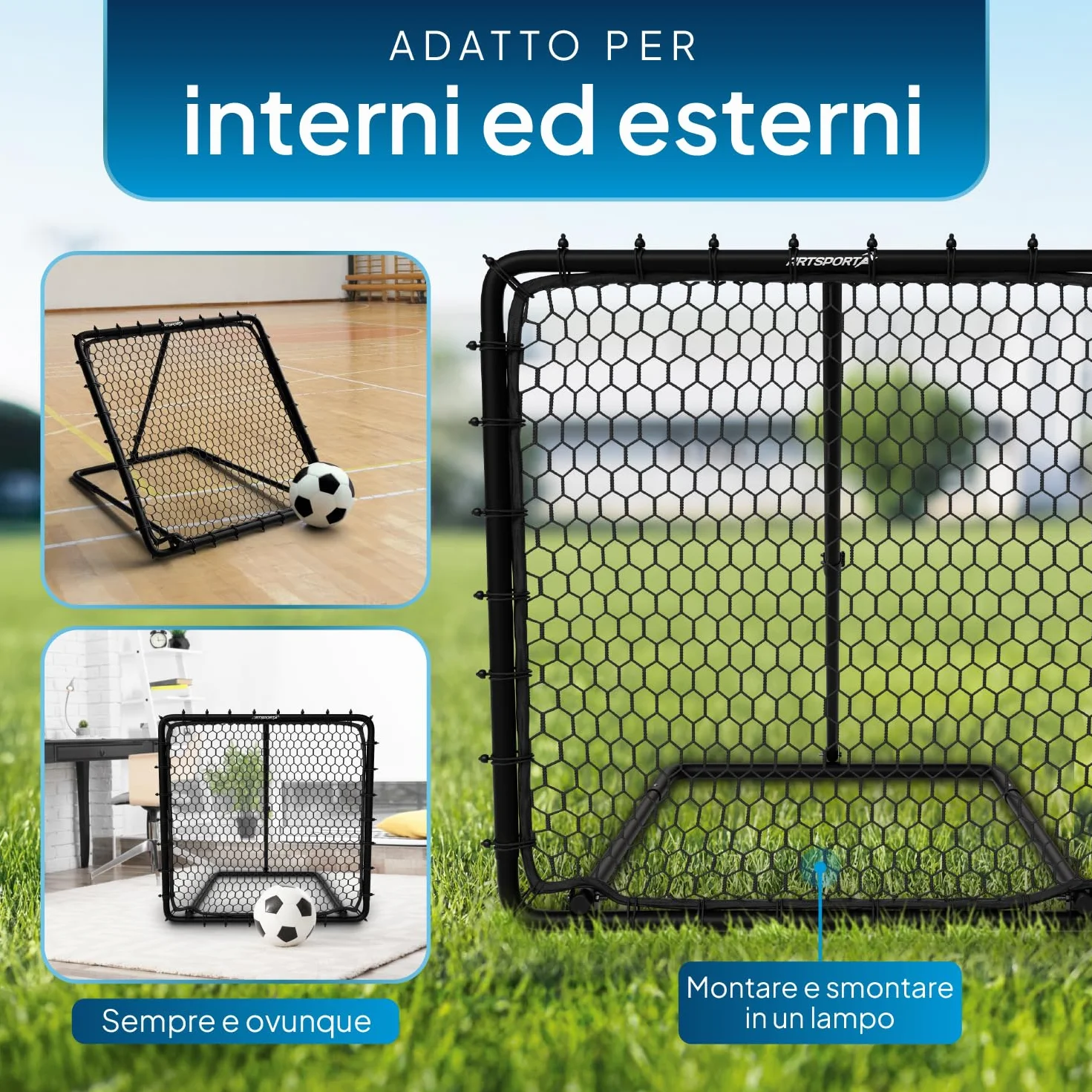 ArtSport Rimbalzatore di Calcio Power Pass - Telaio Regolabile e Stabile - Facile da Riporre - Allenamento Calcio in Spazi Ridotti