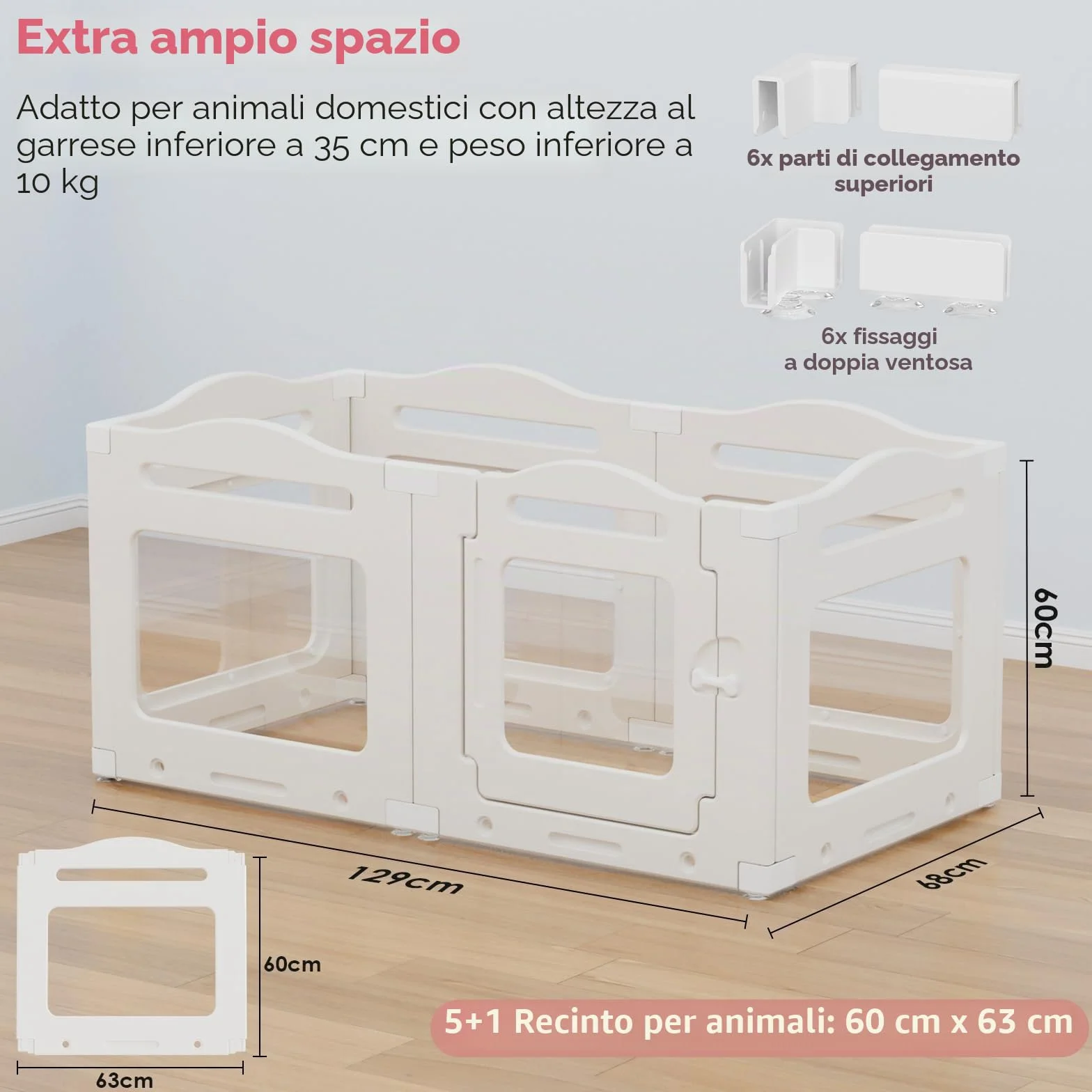 Clevich Recinto per Cani da Interno in Acrilico 129 × 68 × 60 cm, 5 PCS +1 Pannelli con Porta a Chiusura, Recinto per Cani Pieghevole con Ventose, Parco adatto per Appartamento, Bianco
