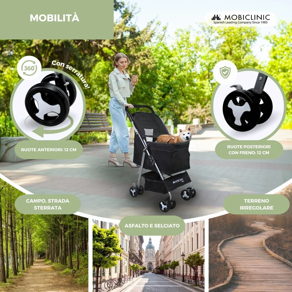 Mobiclinic Zuma Passeggino per cani fino a 15 kg Ruote con freni 360° Cestino xxl (nero)
