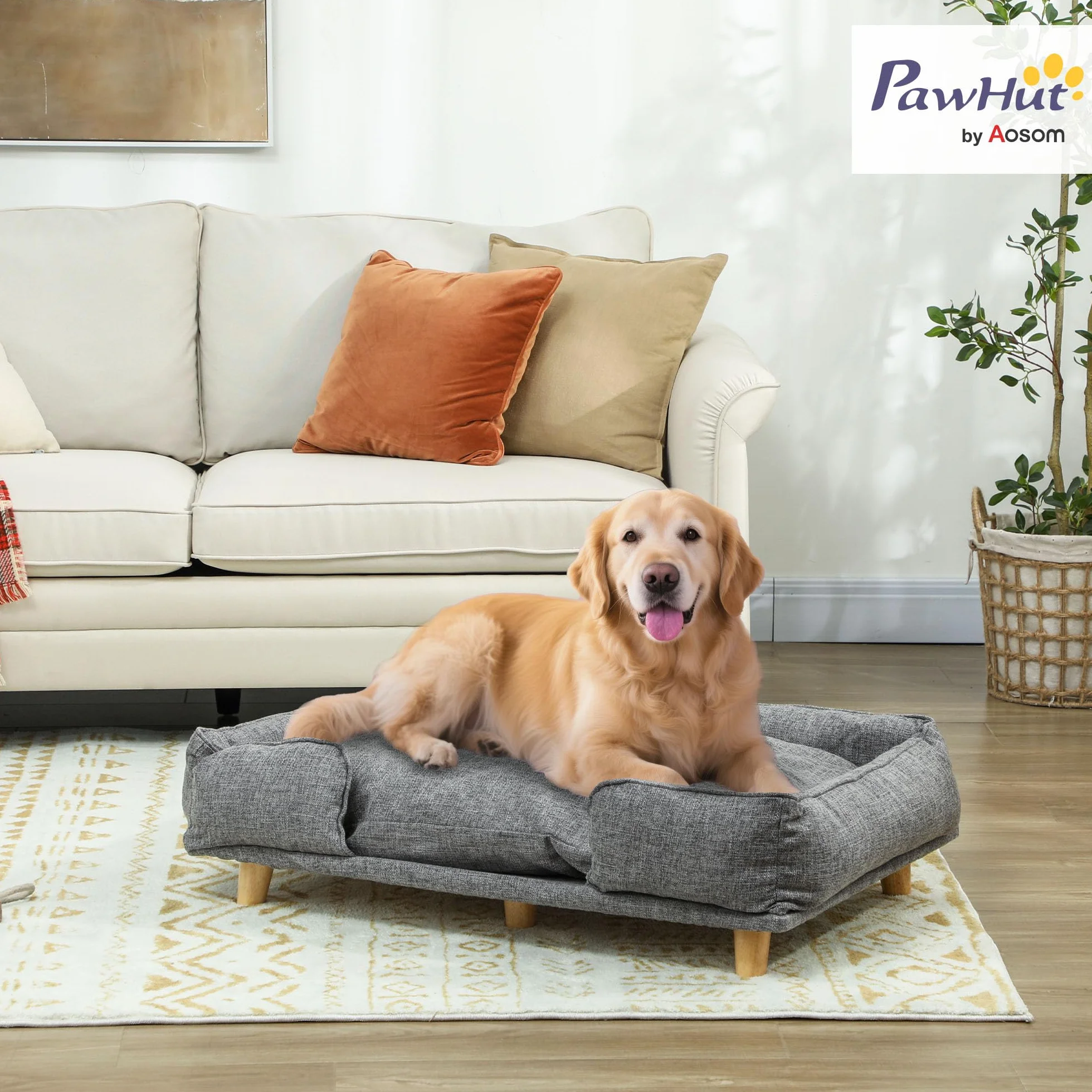 PawHut Divano per cani Poltrona per cani con schienale, gambe in legno Cuccia per cani con poliestere Divano per animali domestici Divano per gatti per cani di grossa taglia fino a 30 kg e 60 cm di