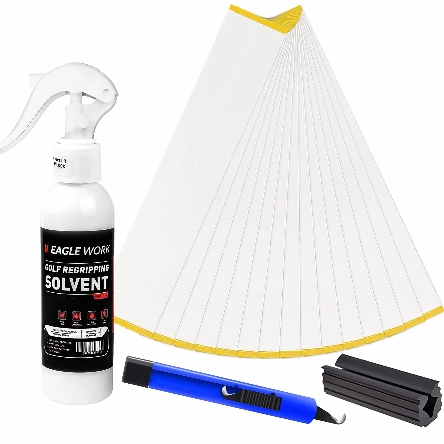 Kit per la rigenerazione del golf, 15 nastri con retro in carta, solvente da 141,7 g, morsa e lama a gancio