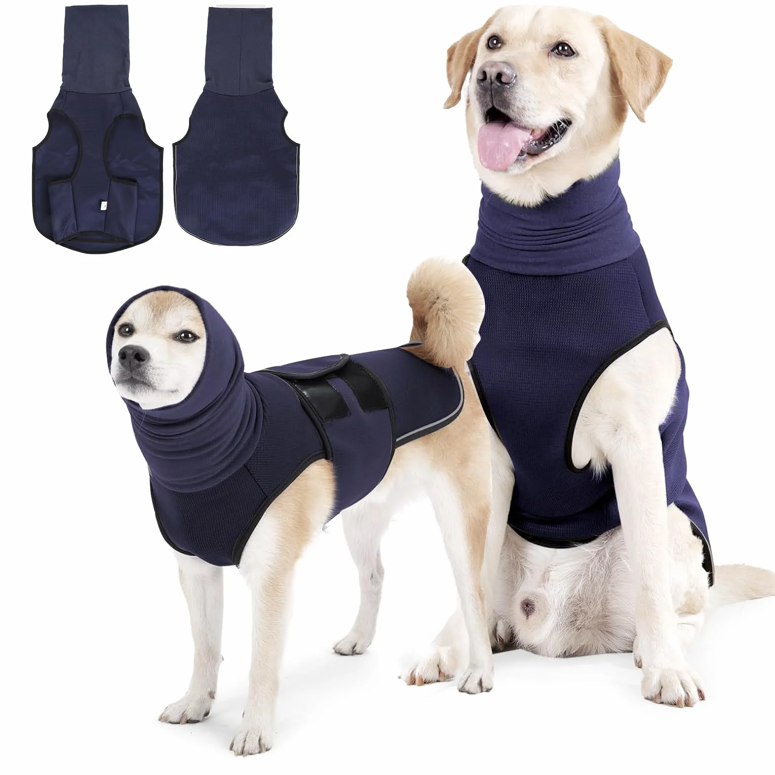 Gilet calmante per cani con cappuccio e strisce riflettenti, regolabile, traspirante, blu scuro 3XL