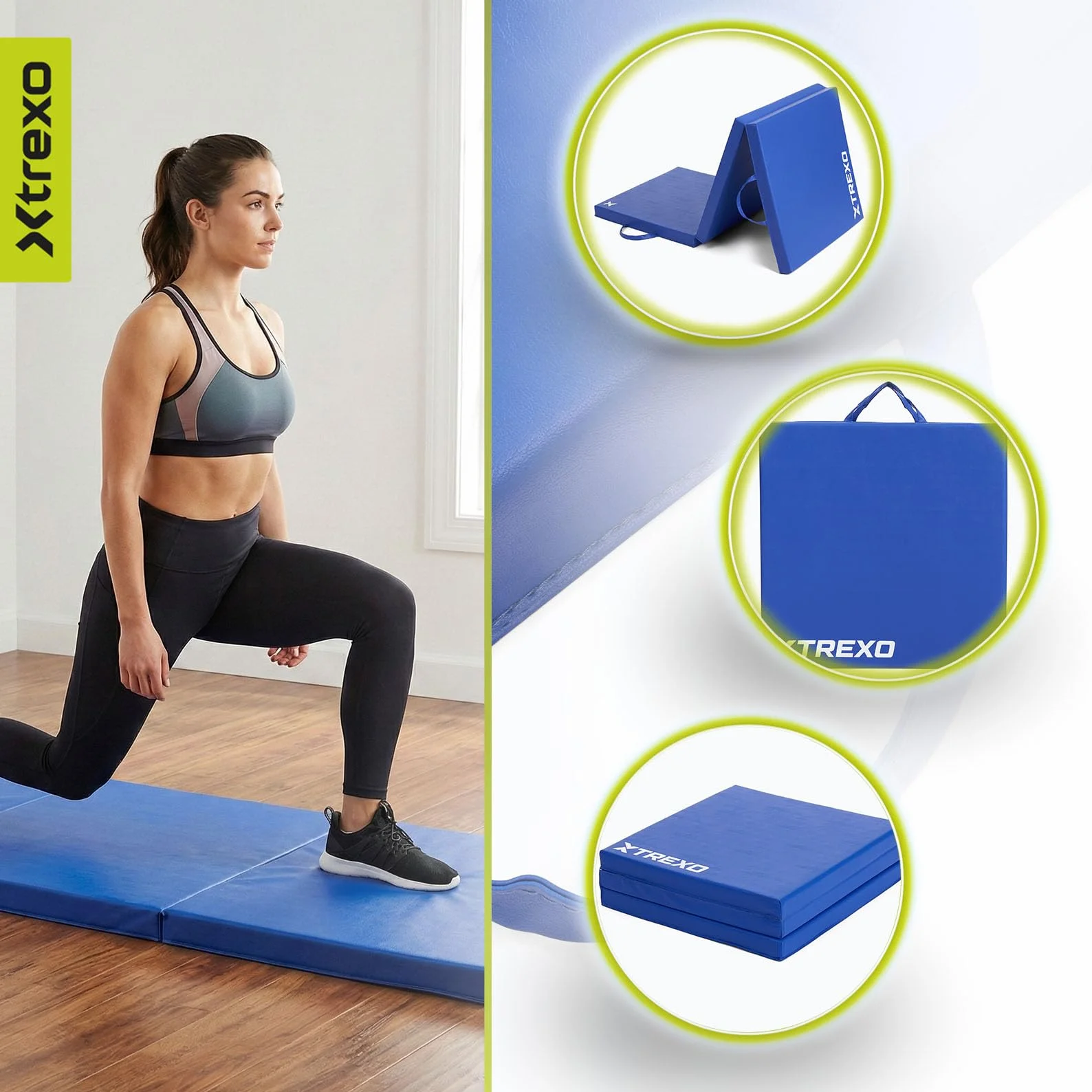 XTREXO Materasso da ginnastica pieghevole, 180 x 60 x 5 cm, 3 pezzi, rivestimento in pelle ecologica resistente all'abrasione, schiuma di polietilene flessibile, maniglia per il trasporto, facile da