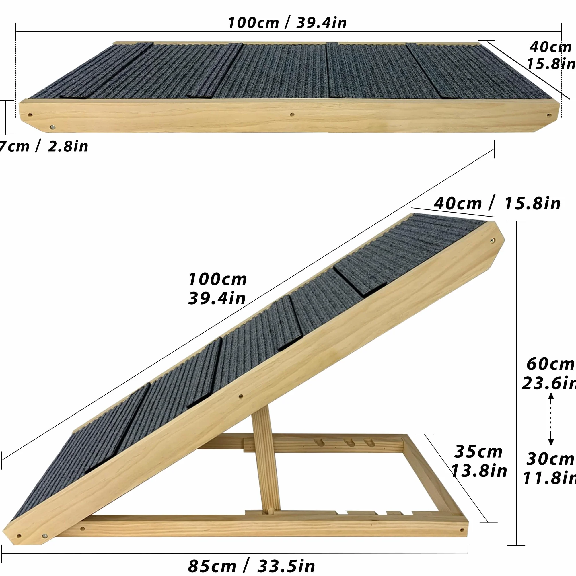 Rampa per cani in legno, pieghevole, altezza regolabile, per letto, divano, altezza 60 cm, antiscivolo, per cani e gatti, portata massima 100 kg, 100 x 40 x 60 cm