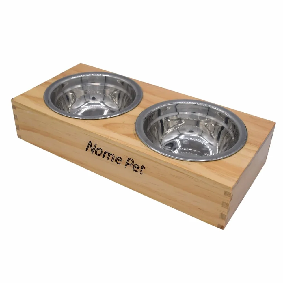 Ciotole per cani gatti personalizzate in acciaio inox con supporto in legno