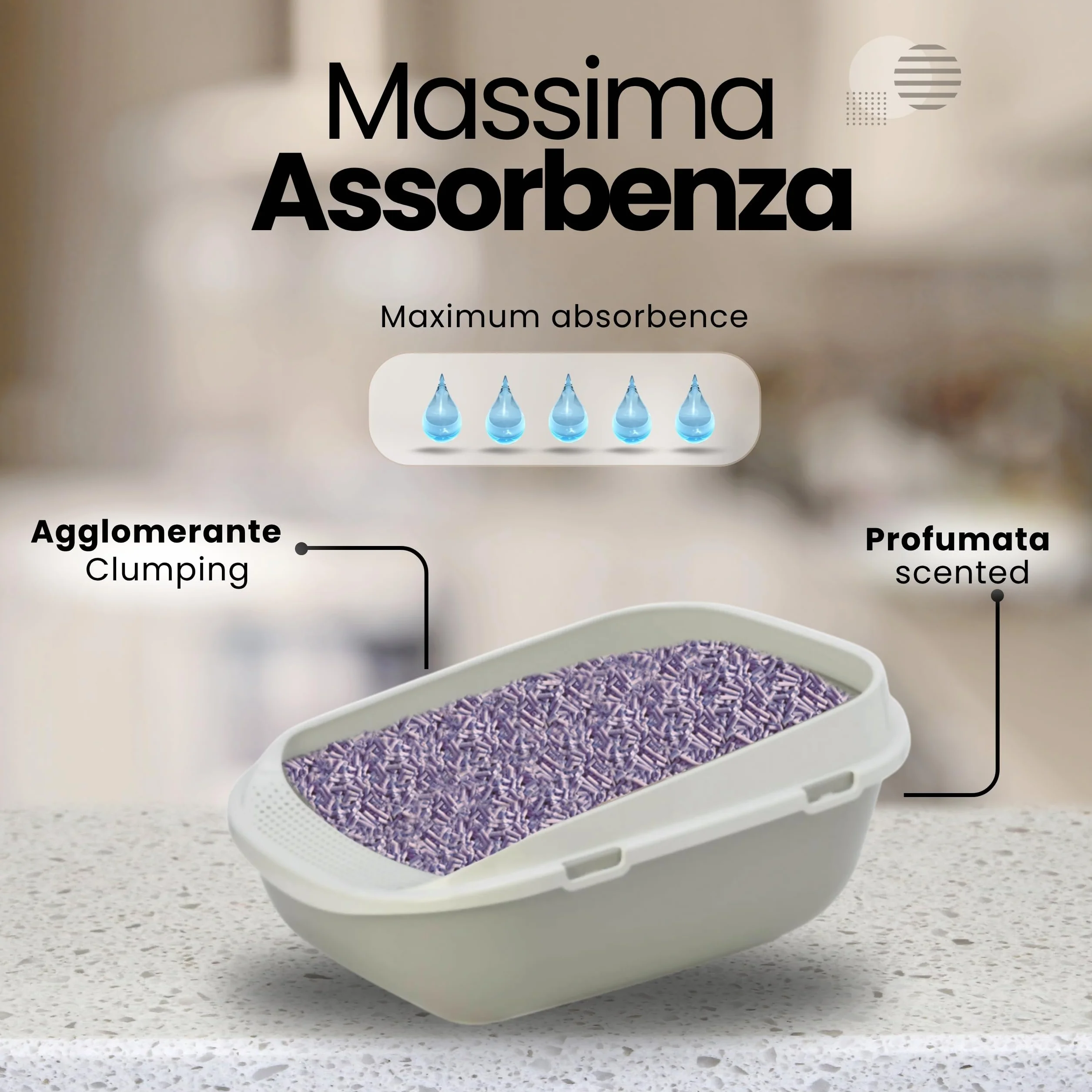 Lettiera Naturalissima per gatti 2 kg Lavanda, con Fibra di Pisello e Amido di Mais, Vegetale, Biodegradabile, Agglomerante 3.8L, Elimina odori