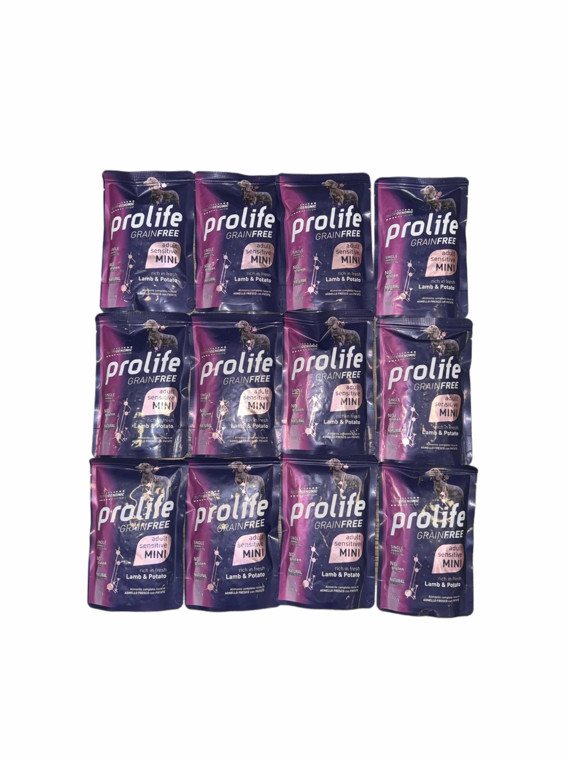 Prolife umido cane monoproteico sensitive grainfree (senza cereali) adult mini AGNELLO e PATATE | 12 bustine da 100 grammi l'una.