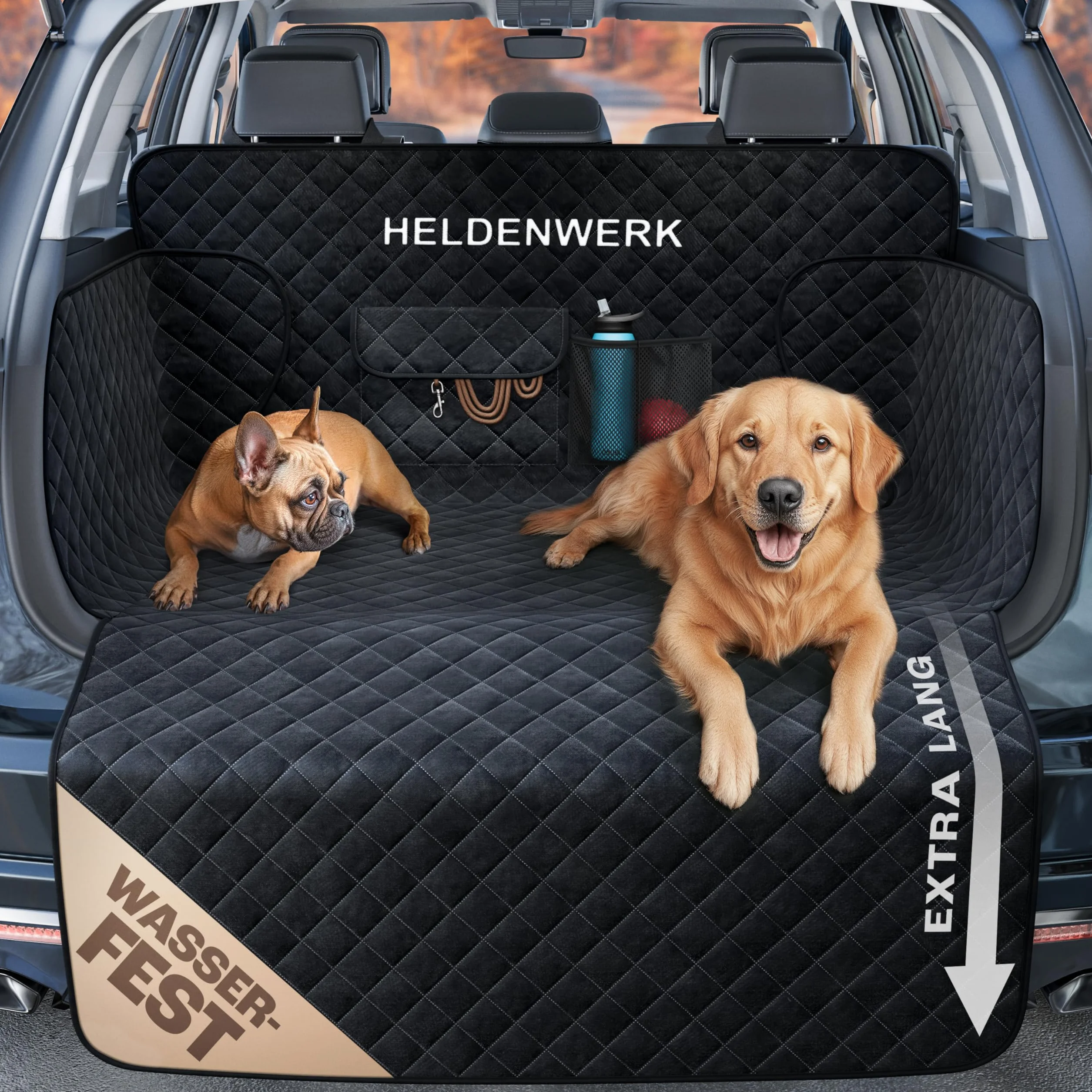 HELDENWERK Protezione per il bagagliaio per cani, trapuntata con protezione laterale e per il bordo di carico | Coperta per cani per auto, impermeabile e resistente ai graffi | Tappetino protettivo