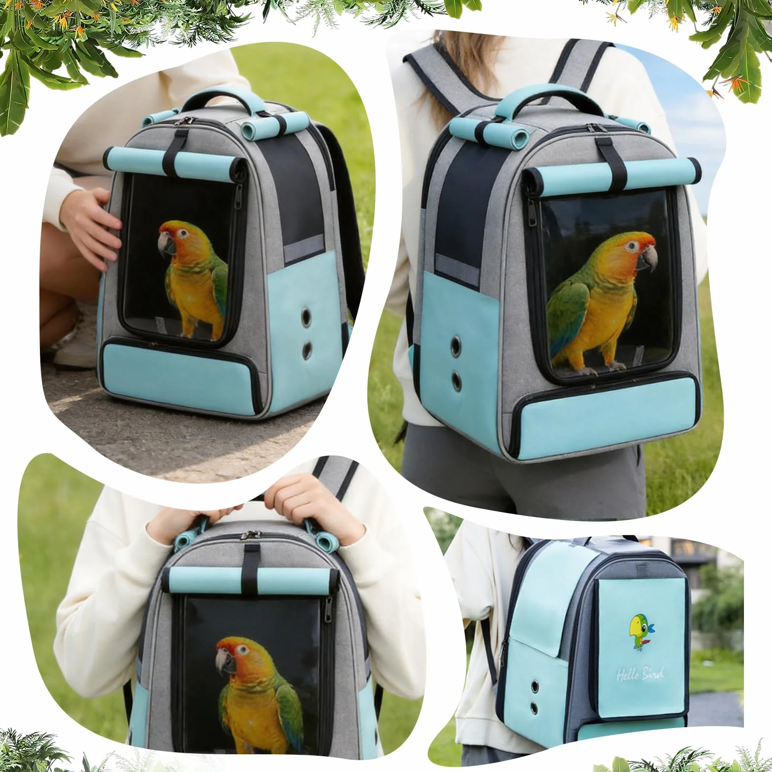 PETCUTE Zaino da Trasporto Uccelli,Borsa per Uccelli Pieghevole con Distributore di Cibo e Asta,Leggero,Borsa da Viaggio Portatile per Pappagalli,per Viaggi,Escursioni, Campeggio,Blu