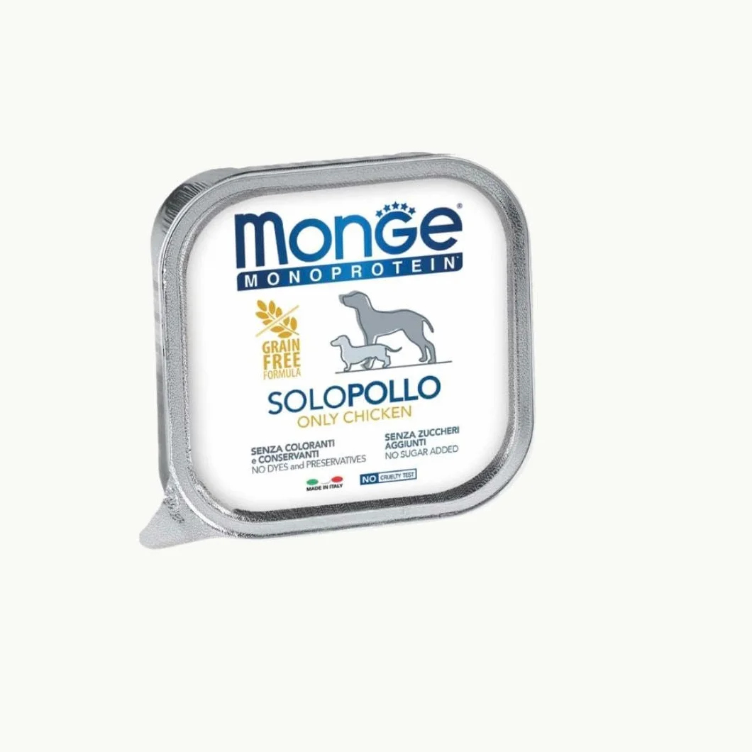 Monge Monoprotein cane, umido monoproteico per cani di tutte le taglie gusto SOLO POLLO formula grainfree | 12 vaschette da 150 grammi l'una.