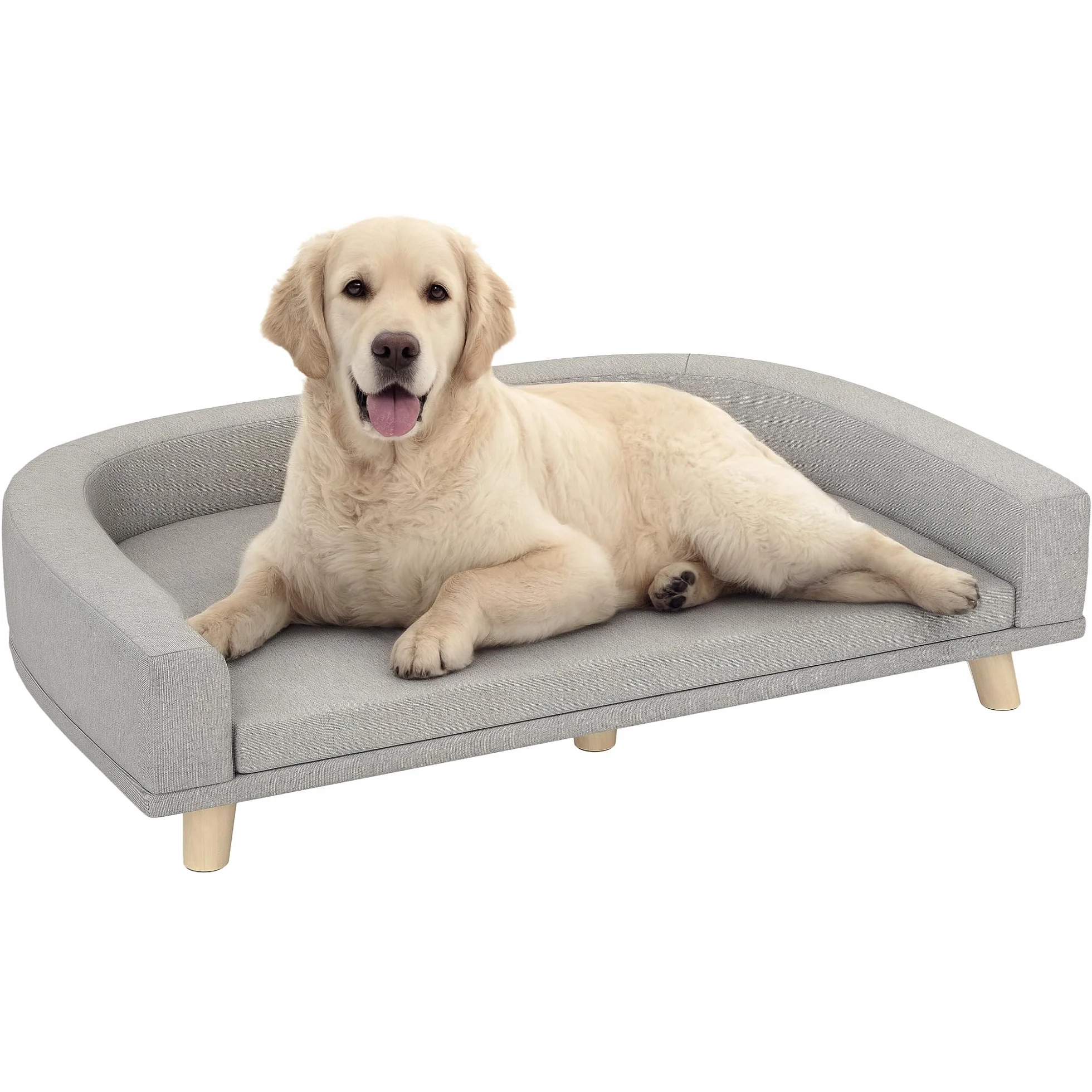 PawHut Divano per Cani di Taglia Grande con Gambe Rialzate e Cuscino Sfoderabile, Divanetto per Cani in Poliestere e Legno, 98x67x25 cm, Grigio