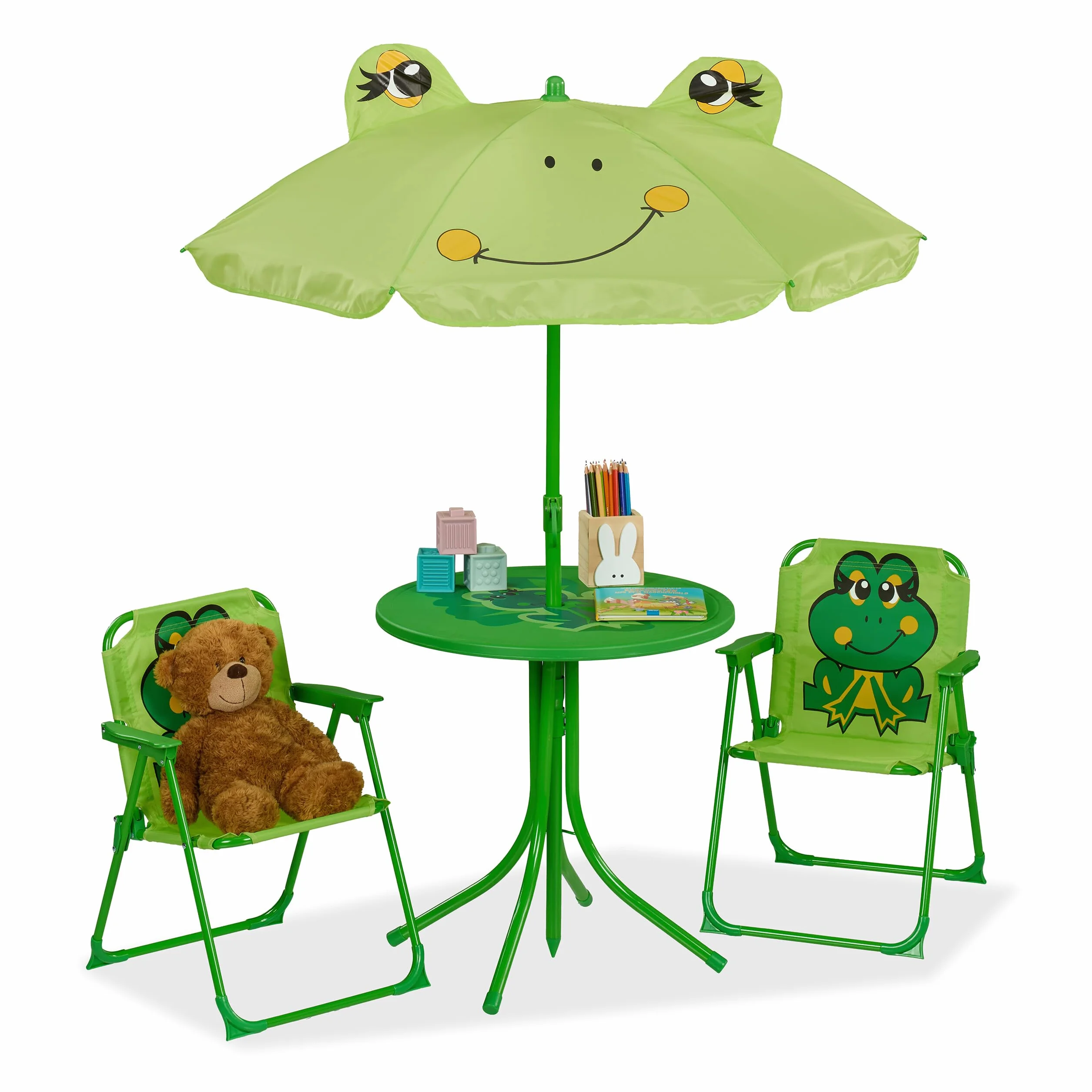 Relaxdays Tavolo Bambini con Ombrellone, Set 2 Sedie, da Campeggio e Giardino, Tavolino Picnic Design Rana Verde