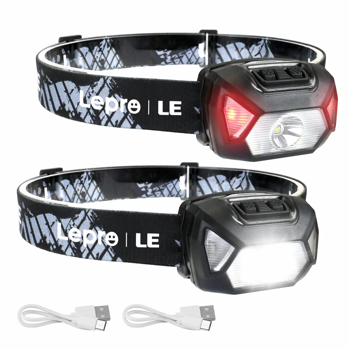 Lepro D500 Torcia Frontale Ricaricabile USB LED 2000lux IPX4 Impermeabile, 6 Modalità di Luce, 2pcs
