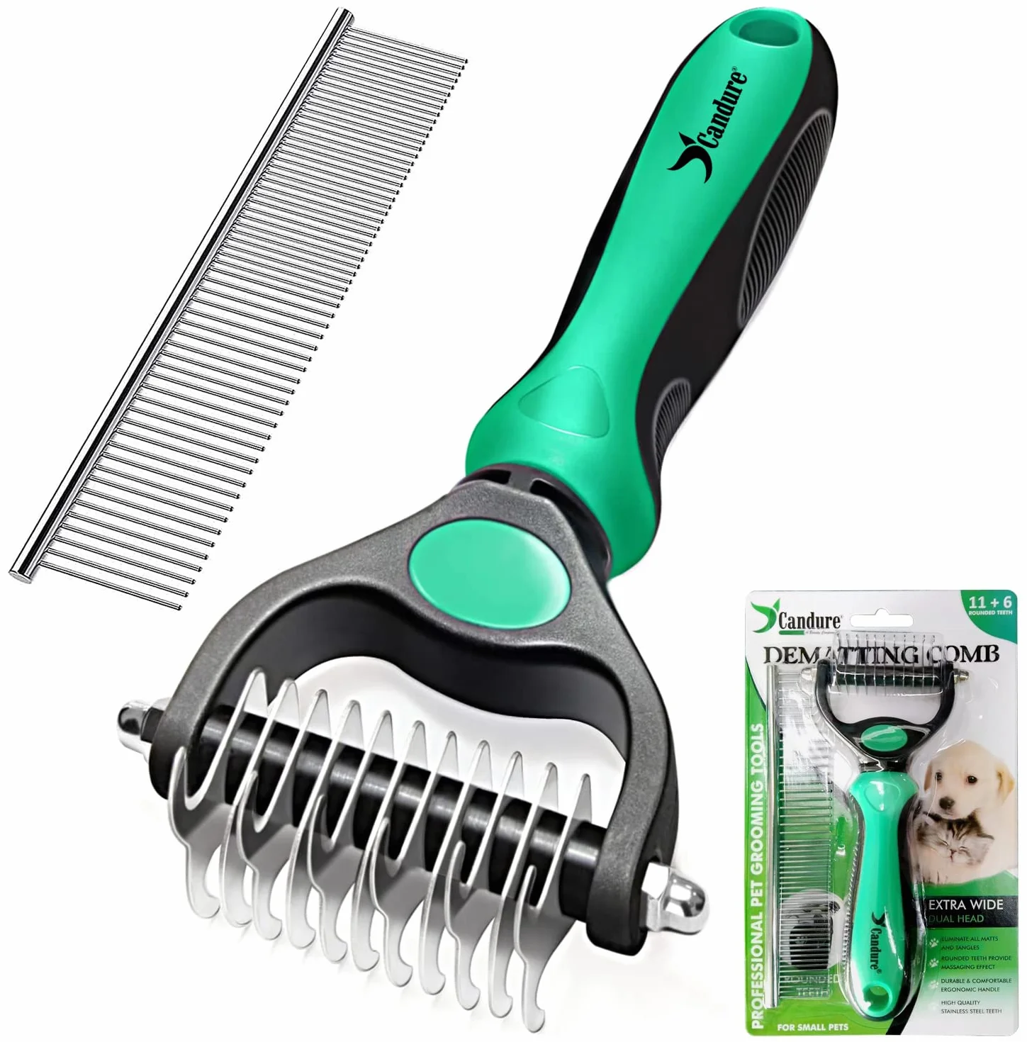 Candure Spazzola per Cani, Pettine Gatti per Pelo Acciaio Inossidabile 11+6 Doppia Faccia Strumento di Deshedding Animali per Cane Pelo Lungo, Medio e Corto (Verde)