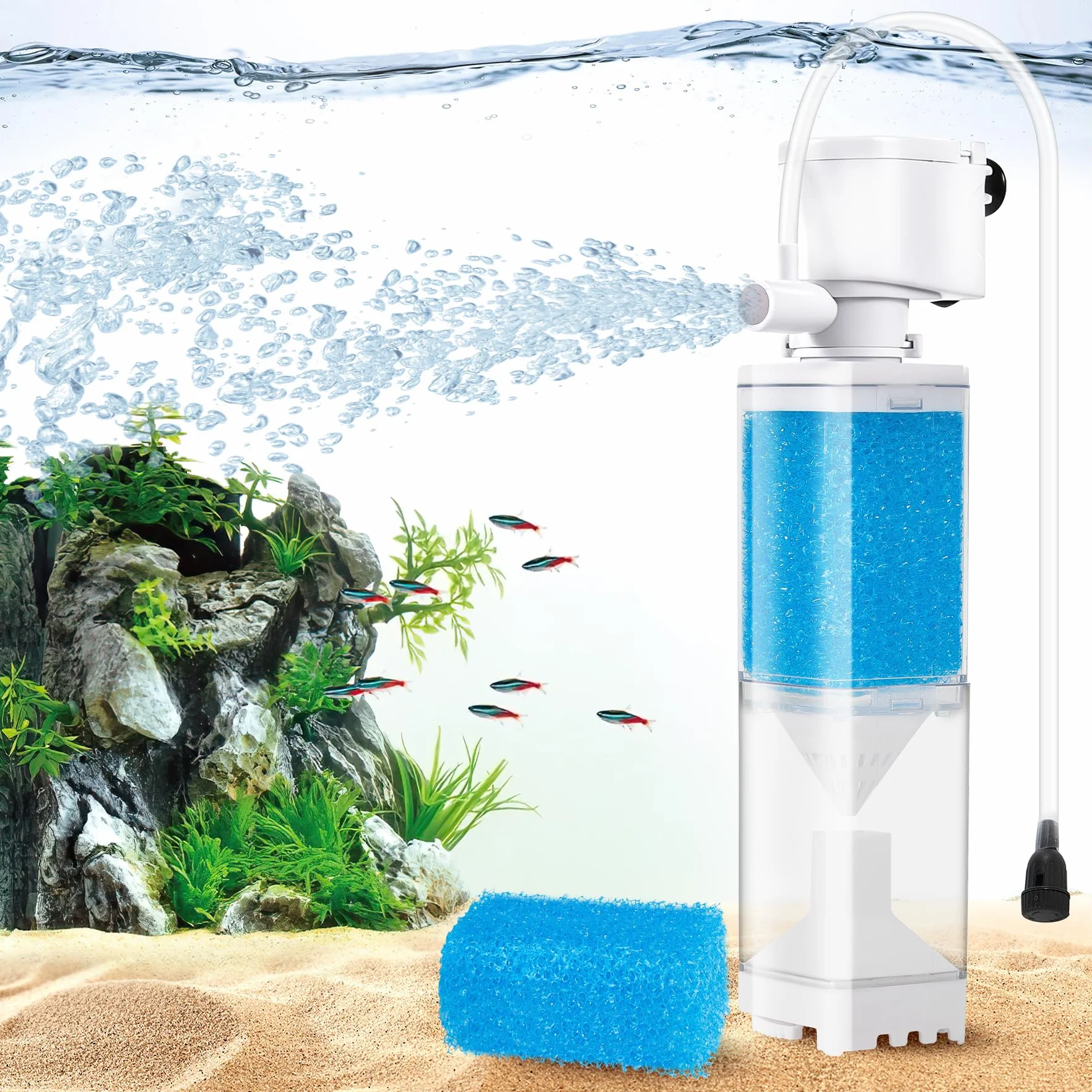 Vehipa Filtro Acquario 4W, 350L/H - per 20-80 Litri - Pompa con Funzioni di Ossigenazione Regolabile, Circolazione dell'Acqua e Filtraggio