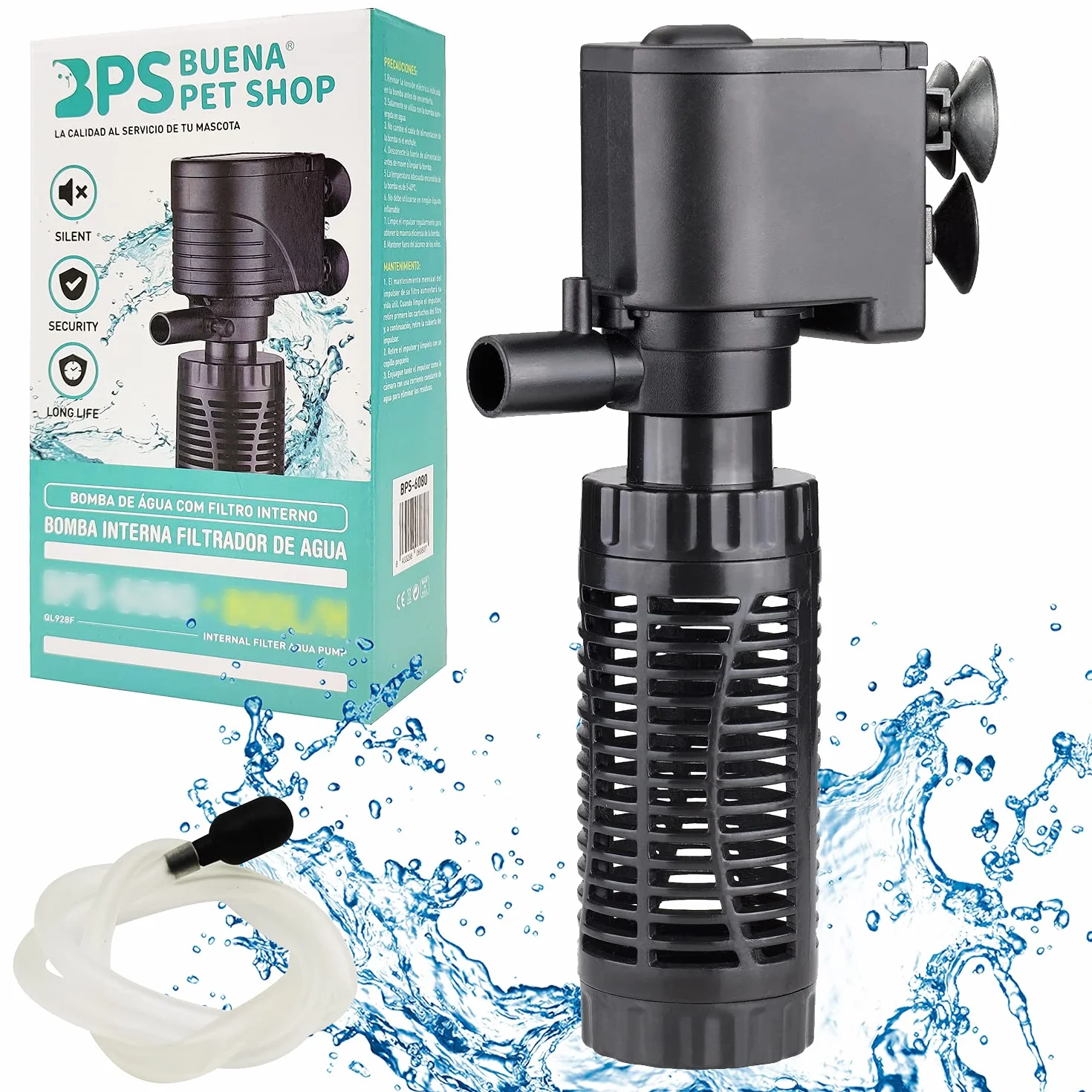 BPS Pompa sommergibile per acquario con filtro 6 W 600 L/H Pompa acqua filtro serbatoio per pesci stagno idroponici 16 x 8 cm BPS-6079