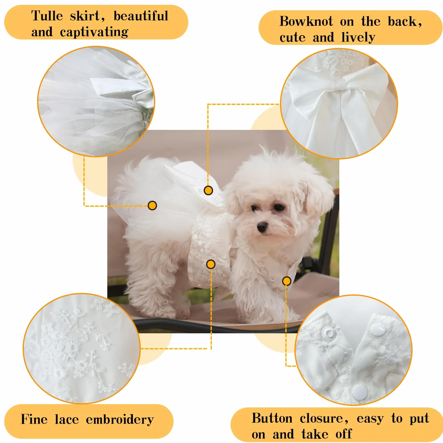 Vestito Bianco per Cani con Tutù in Pizzo Ricamato, Abito da Sposa Gonna da Principessa per Cuccioli Taglia Piccola Media 3XL