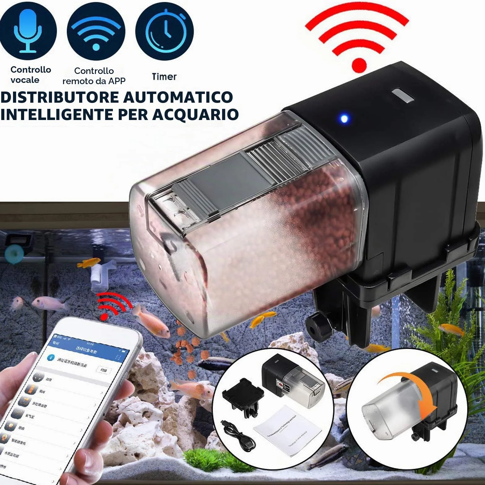 Alimentatore automatico per acquario litchi, distributore di cibo per pesci con timer controllato WIFI 2.4G con display LCD per vacanze in stagno per acquario(Nero)