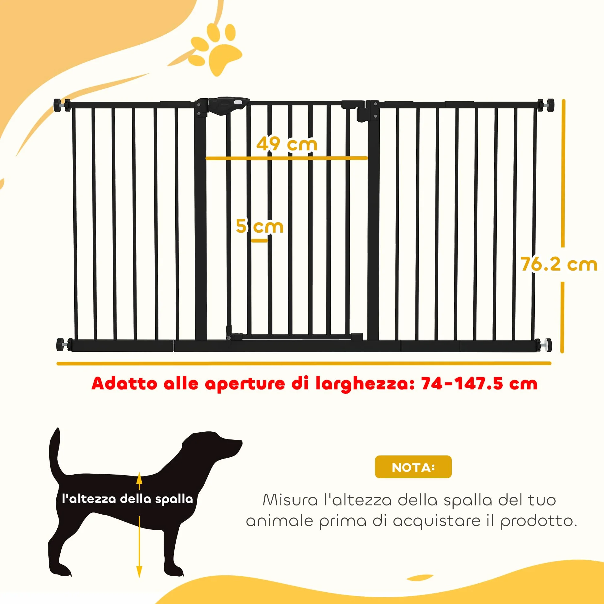 PawHut Cancellino per Cani 3 Estensioni Larghezza Regolabile 147.5 cm Fissaggio a Pressione Senza Fori Chiusura Automatica Nero